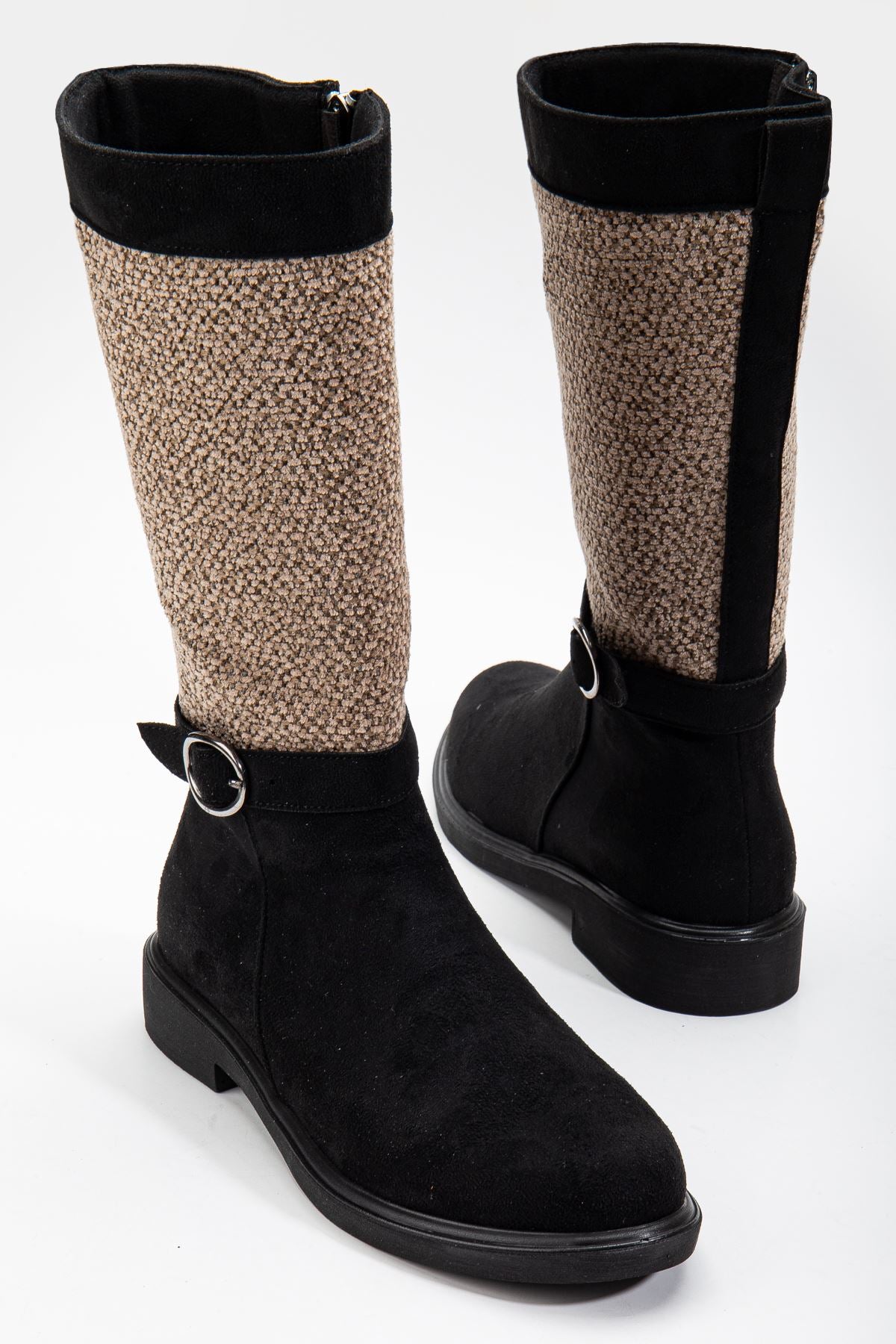 Black Suede Felt Detailed Women's Boots - STREETMODE™