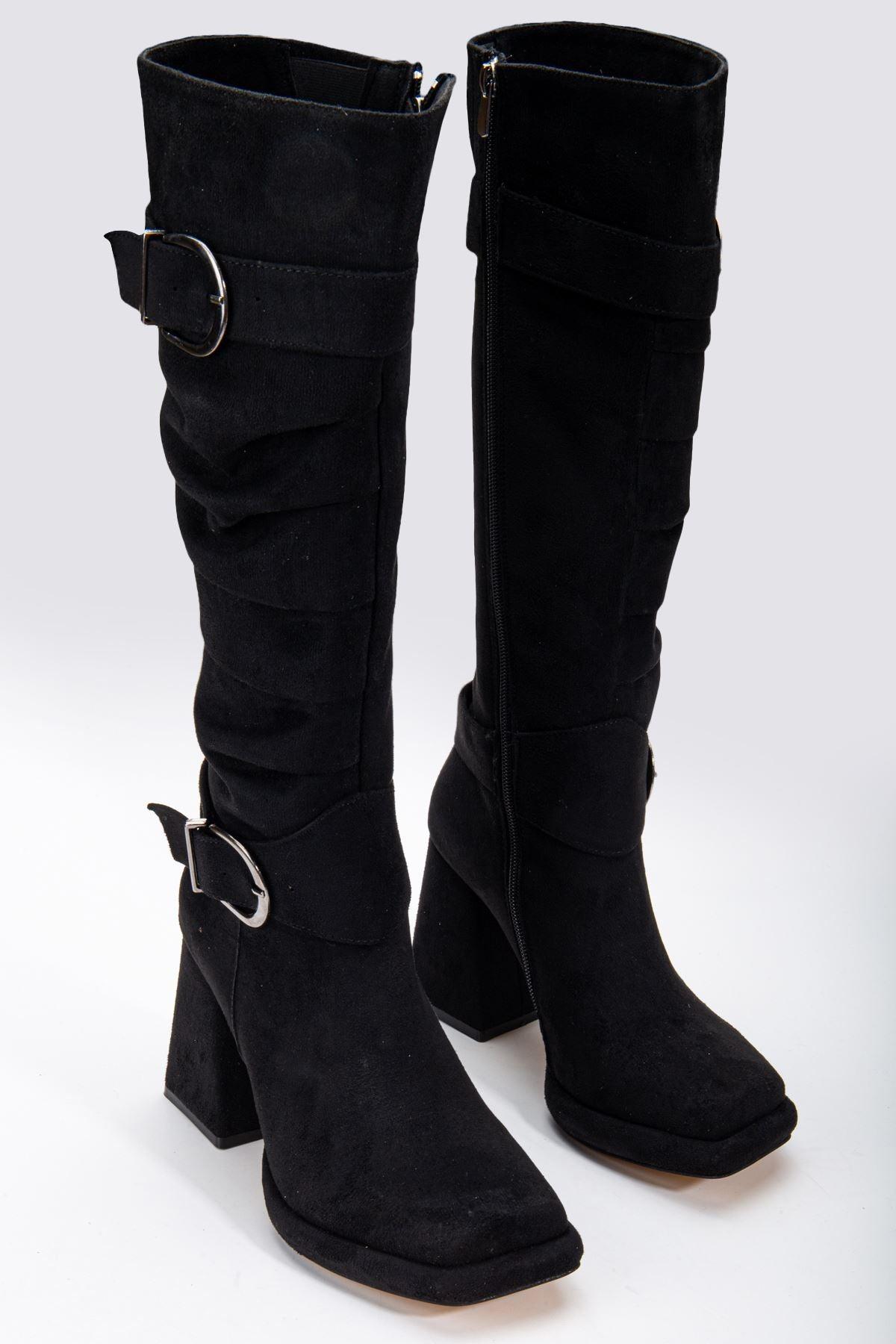 Black Suede Gusseted Blunt Toe Women's High Heel Platform Boots - STREETMODE™