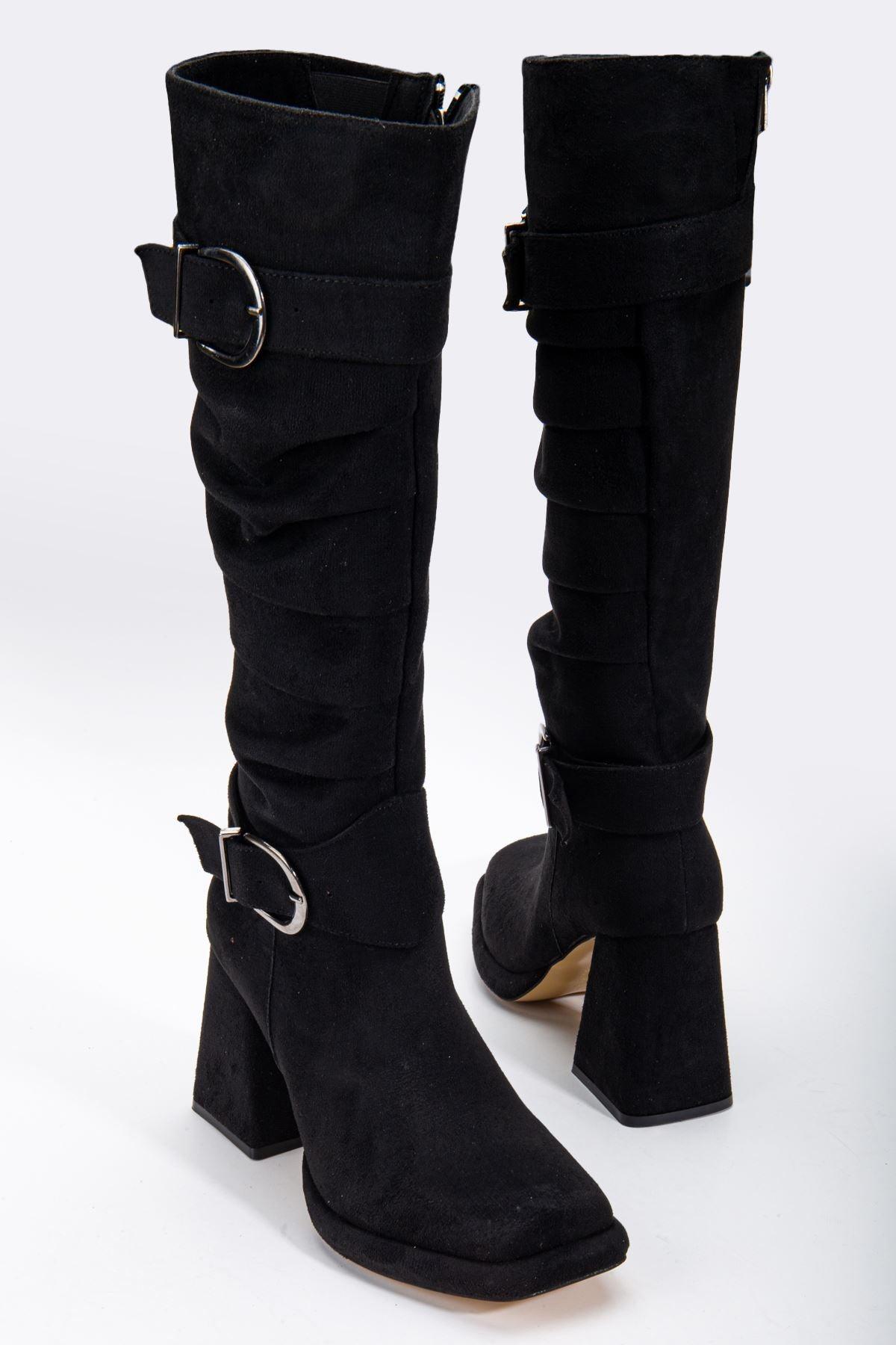 Black Suede Gusseted Blunt Toe Women's High Heel Platform Boots - STREETMODE™