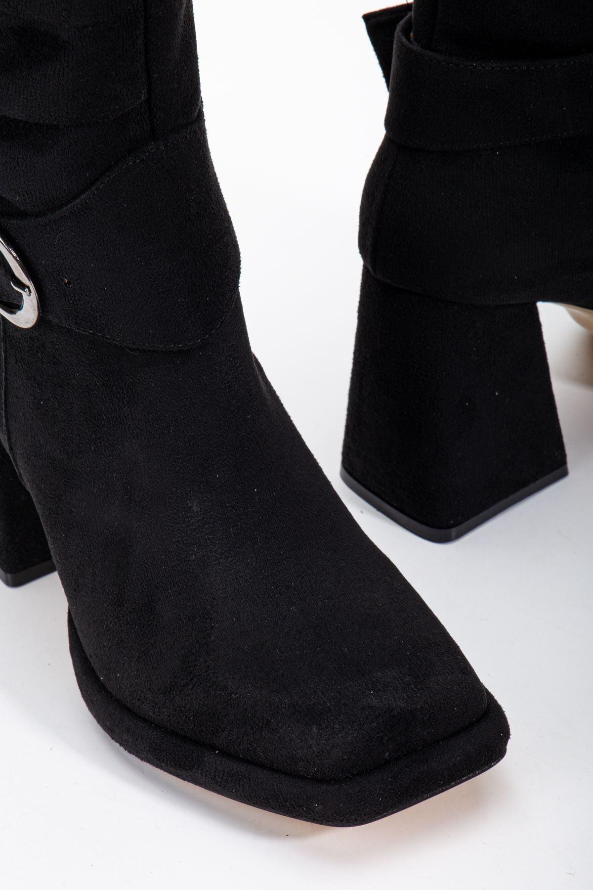 Black Suede Gusseted Blunt Toe Women's High Heel Platform Boots - STREETMODE™