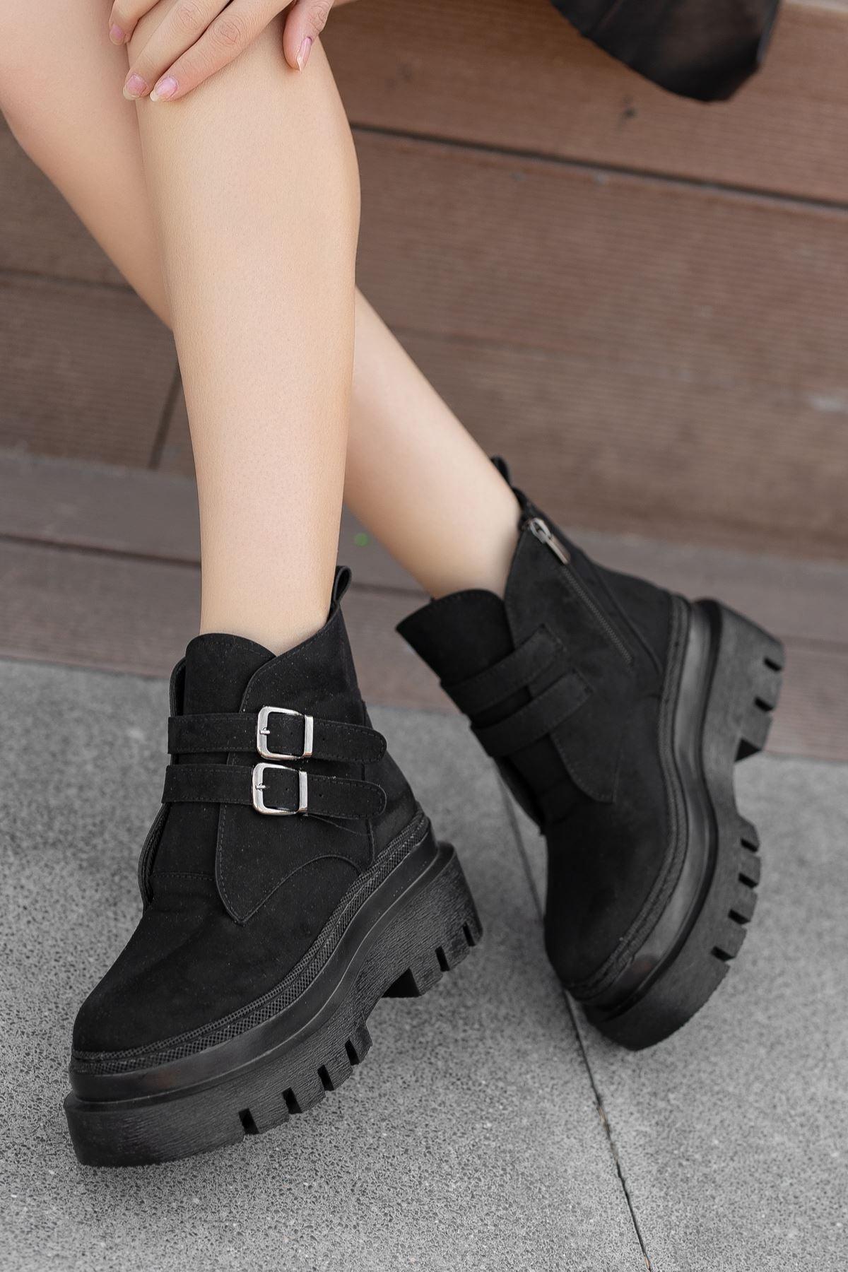 Black Suede High Heel Detailed Lace-Up Women's Boots - STREETMODE™