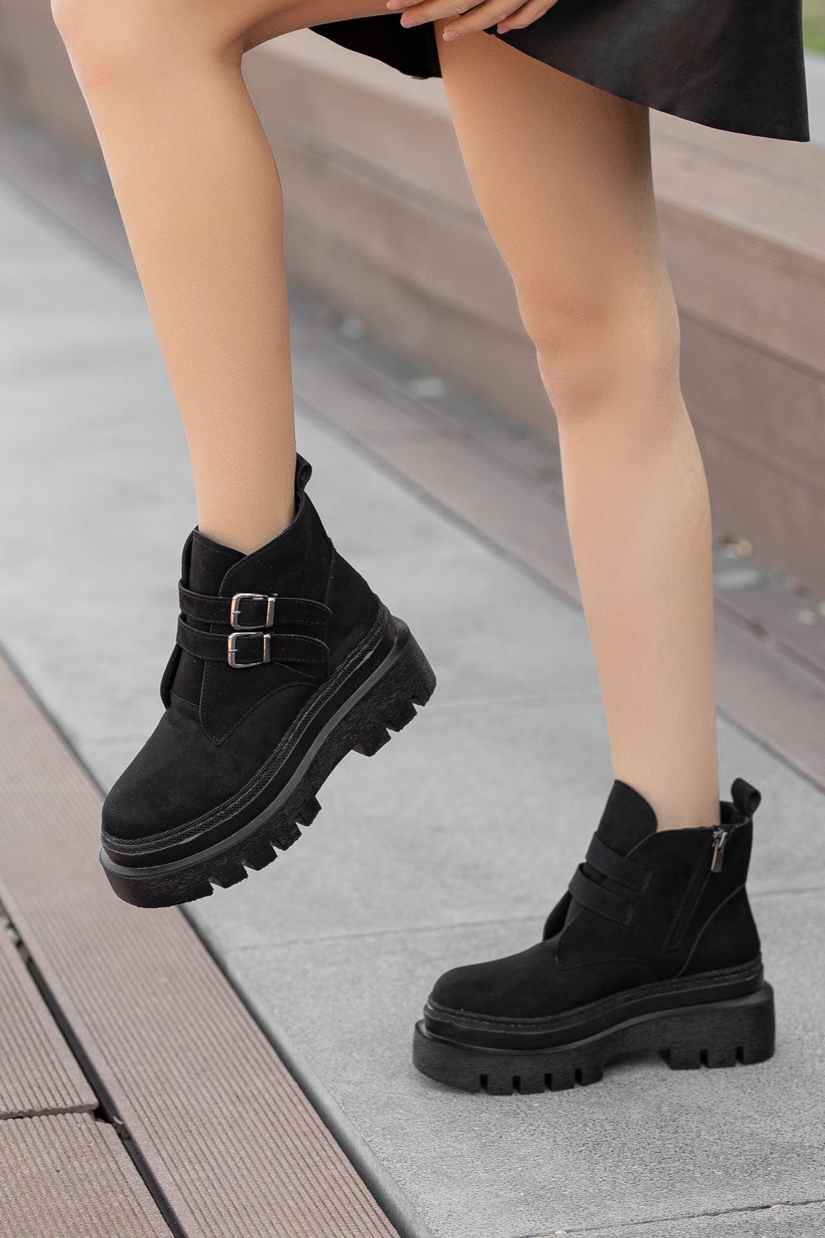 Black Suede High Heel Detailed Lace-Up Women's Boots - STREETMODE™