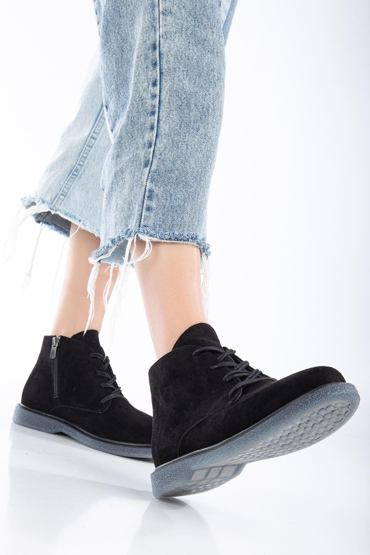 Black Suede Lace-Up Transparent Sole Detailed Women's Boots - STREETMODE™