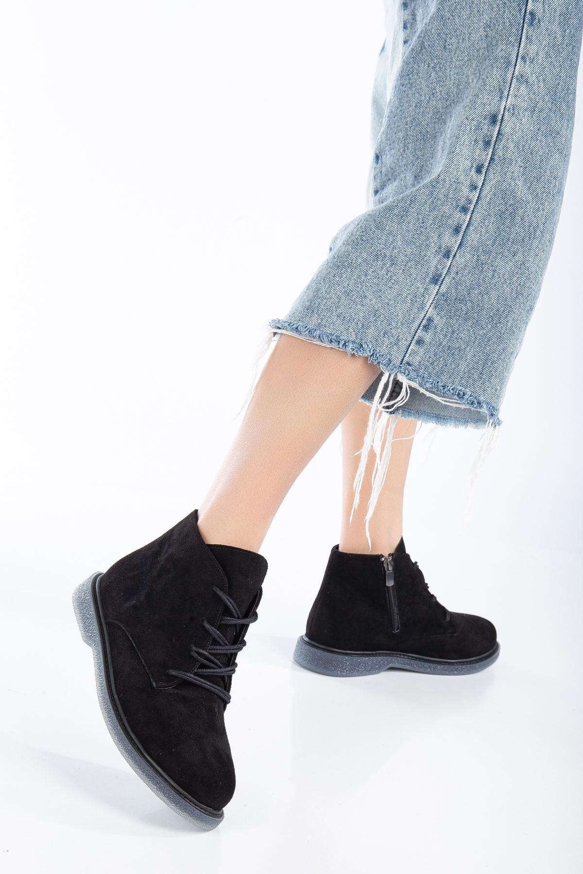 Black Suede Lace-Up Transparent Sole Detailed Women's Boots - STREETMODE™