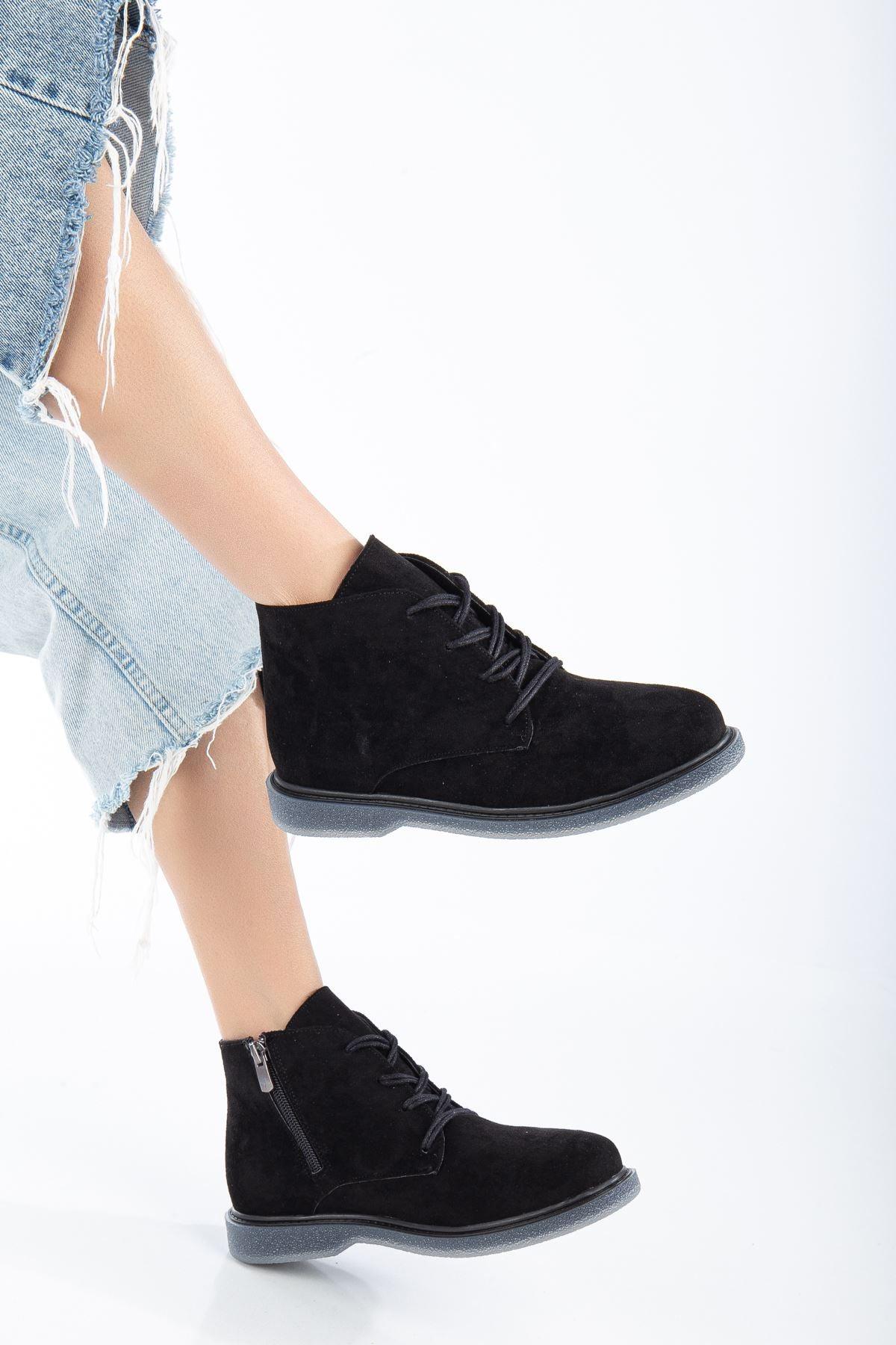 Black Suede Lace-Up Transparent Sole Detailed Women's Boots - STREETMODE™