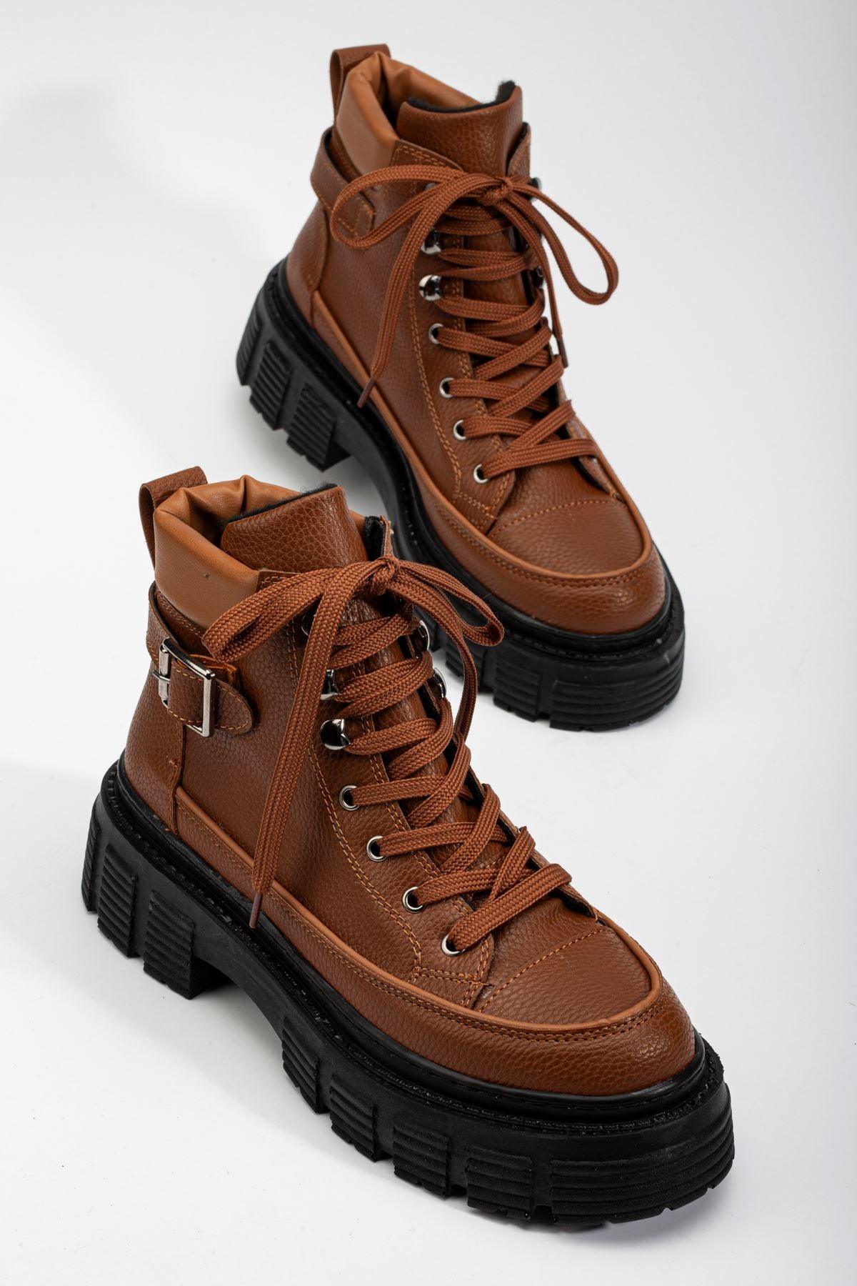 Brown Buckle Detail Lace-Up Women's Boots - STREETMODE™