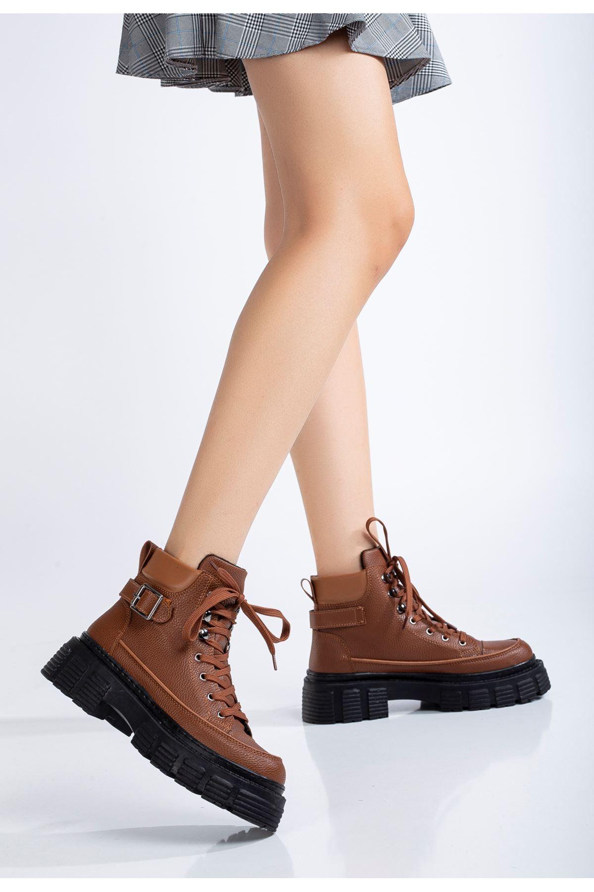 Brown Buckle Detail Lace-Up Women's Boots - STREETMODE™