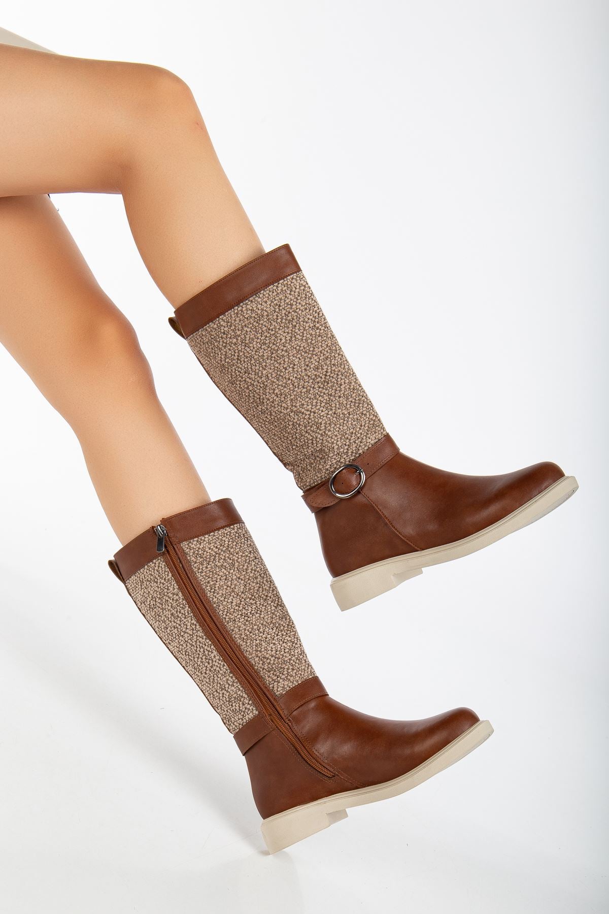 Brown Leather Felt Detailed Women's Boots - STREETMODE™