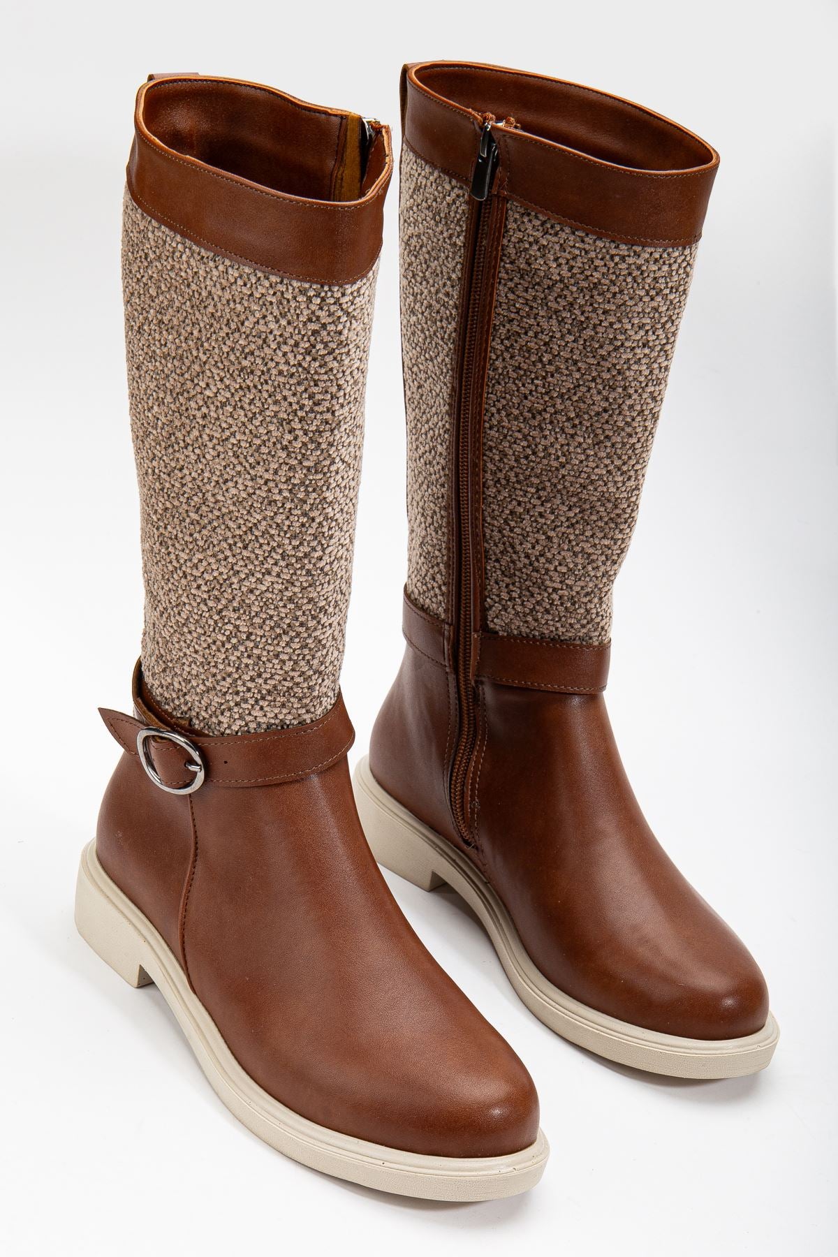 Brown Leather Felt Detailed Women's Boots - STREETMODE™