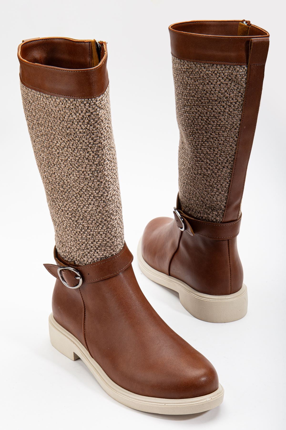 Brown Leather Felt Detailed Women's Boots - STREETMODE™