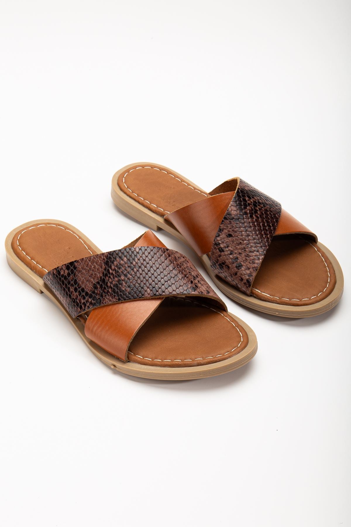 Brown Orthopedic Genuine Leather Cross Strap Women's Slippers - STREETMODE™