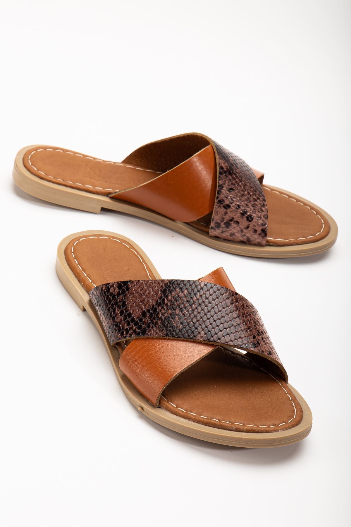 Brown Orthopedic Genuine Leather Cross Strap Women's Slippers - STREETMODE™