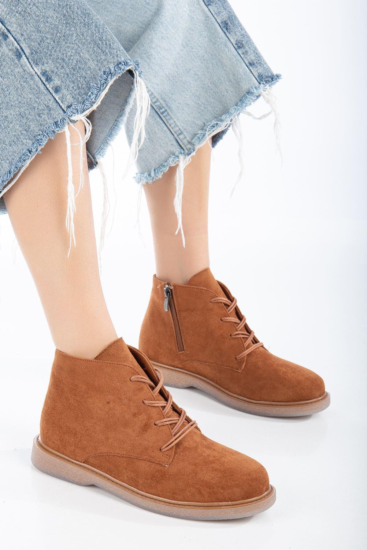 Brown Suede Lace-Up Transparent Sole Detailed Women's Boots - STREETMODE™