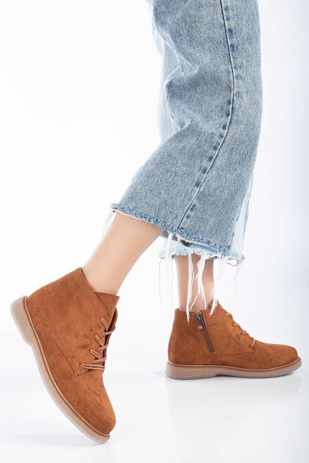 Brown Suede Lace-Up Transparent Sole Detailed Women's Boots - STREETMODE™