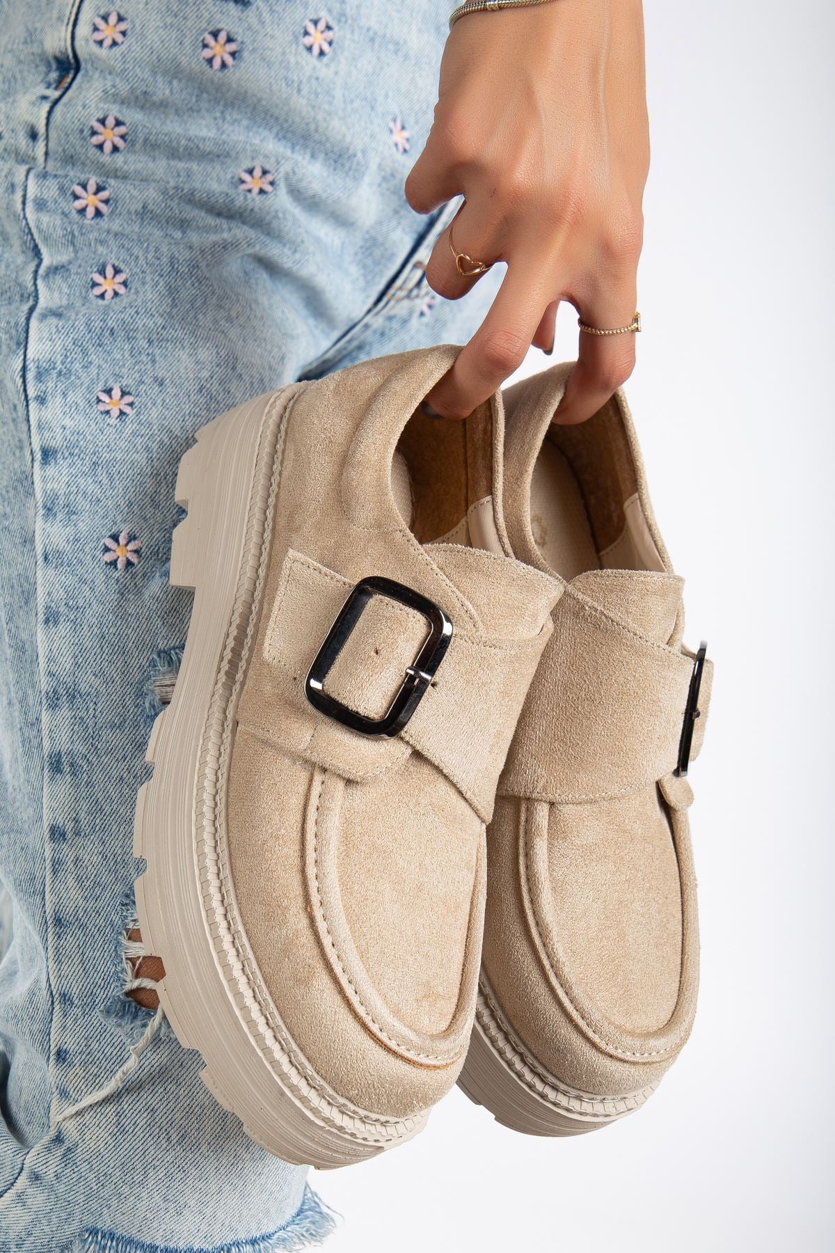 Buckle Detailed Beige Suede Women's Stylish Casual Shoes - STREETMODE™