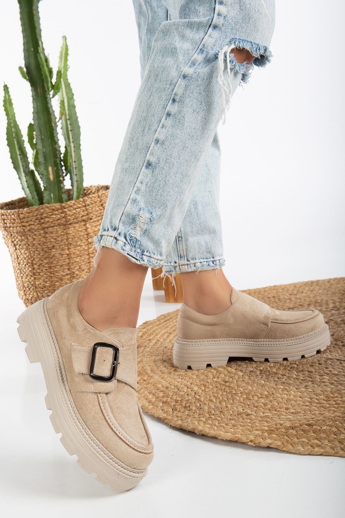 Buckle Detailed Beige Suede Women's Stylish Casual Shoes - STREETMODE™