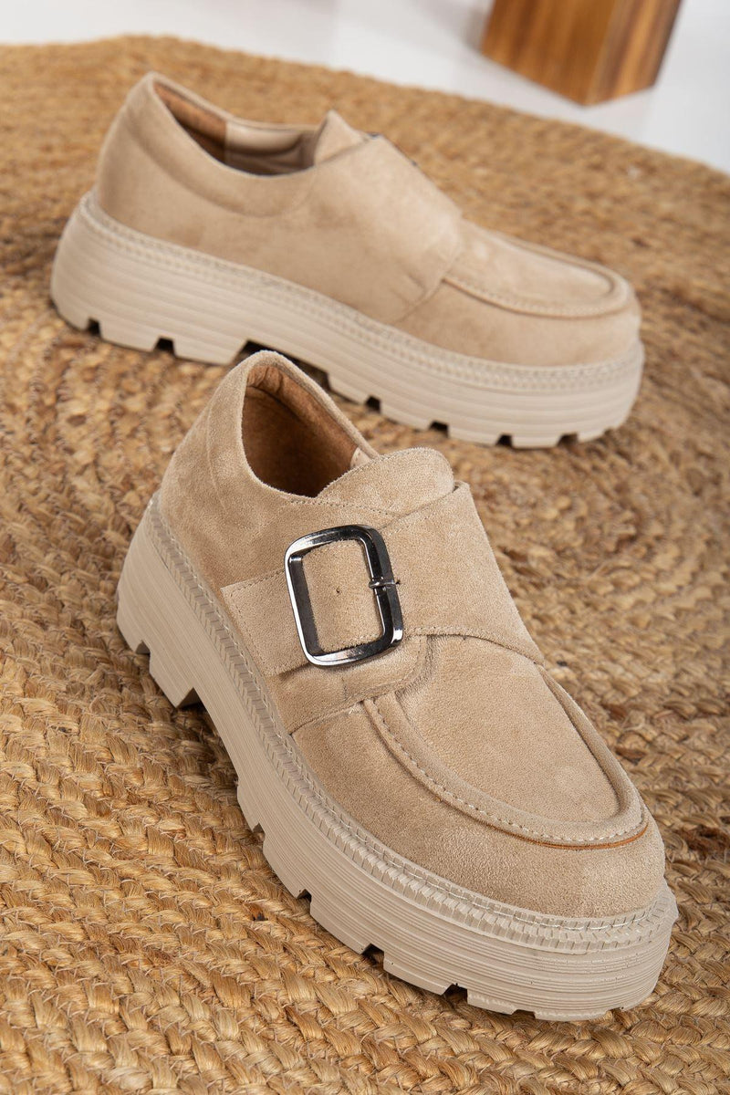 Buckle Detailed Beige Suede Women's Stylish Casual Shoes - STREETMODE™