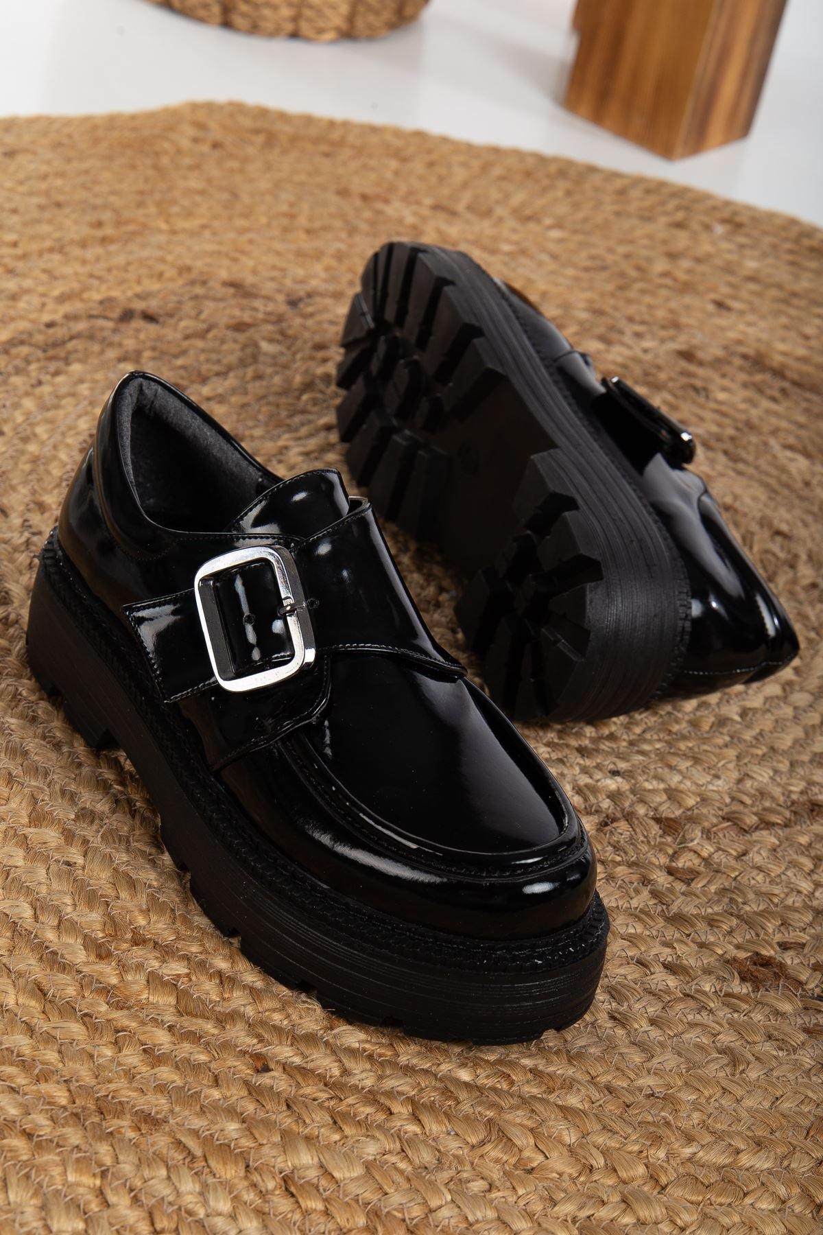 Buckle Detailed Black Patent Leather Women's Stylish Casual Shoes - STREETMODE™