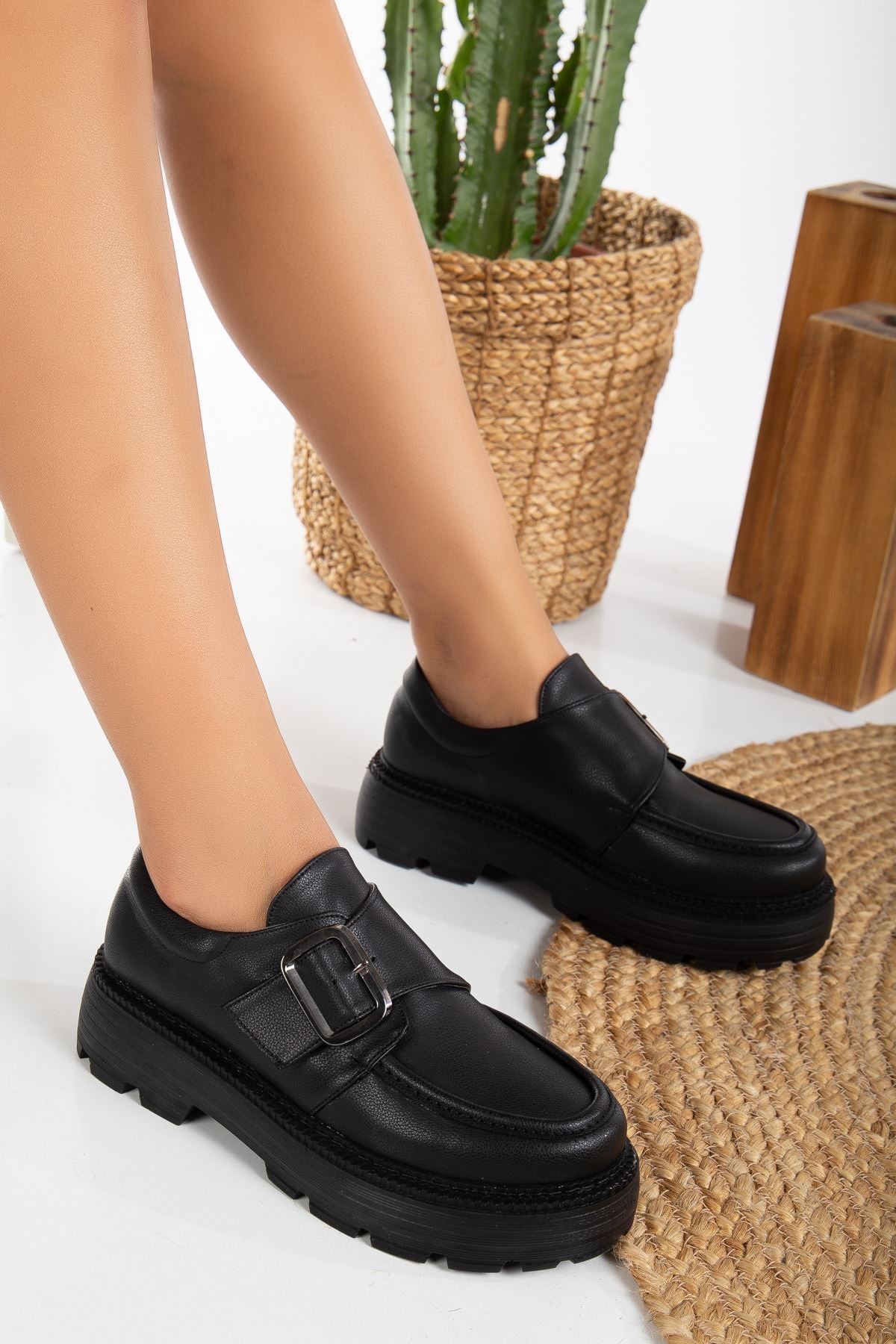 Buckle Detailed Black Skin Women's Stylish Casual Shoes - STREETMODE™