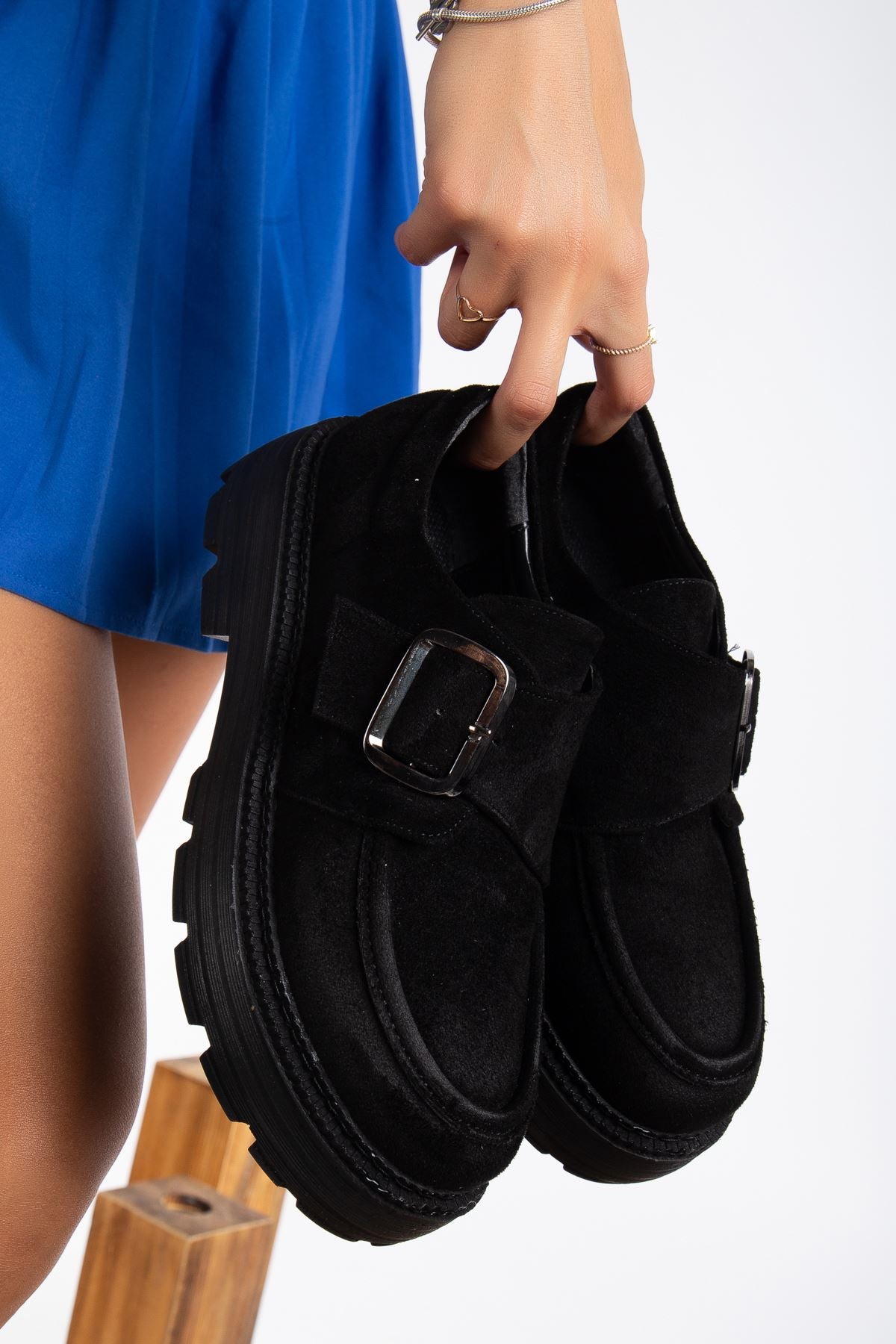 Buckle Detailed Black Suede Women's Stylish Casual Shoes - STREETMODE™