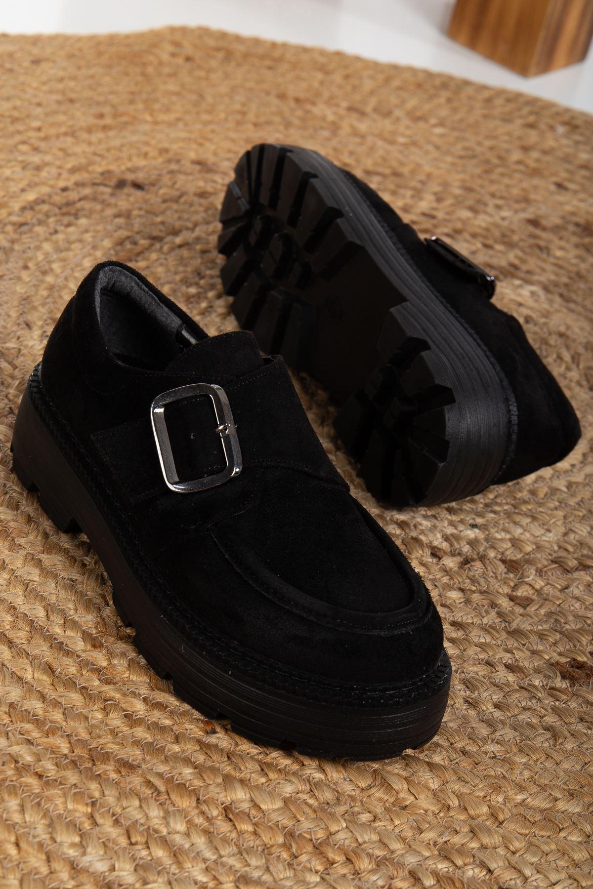 Buckle Detailed Black Suede Women's Stylish Casual Shoes - STREETMODE™