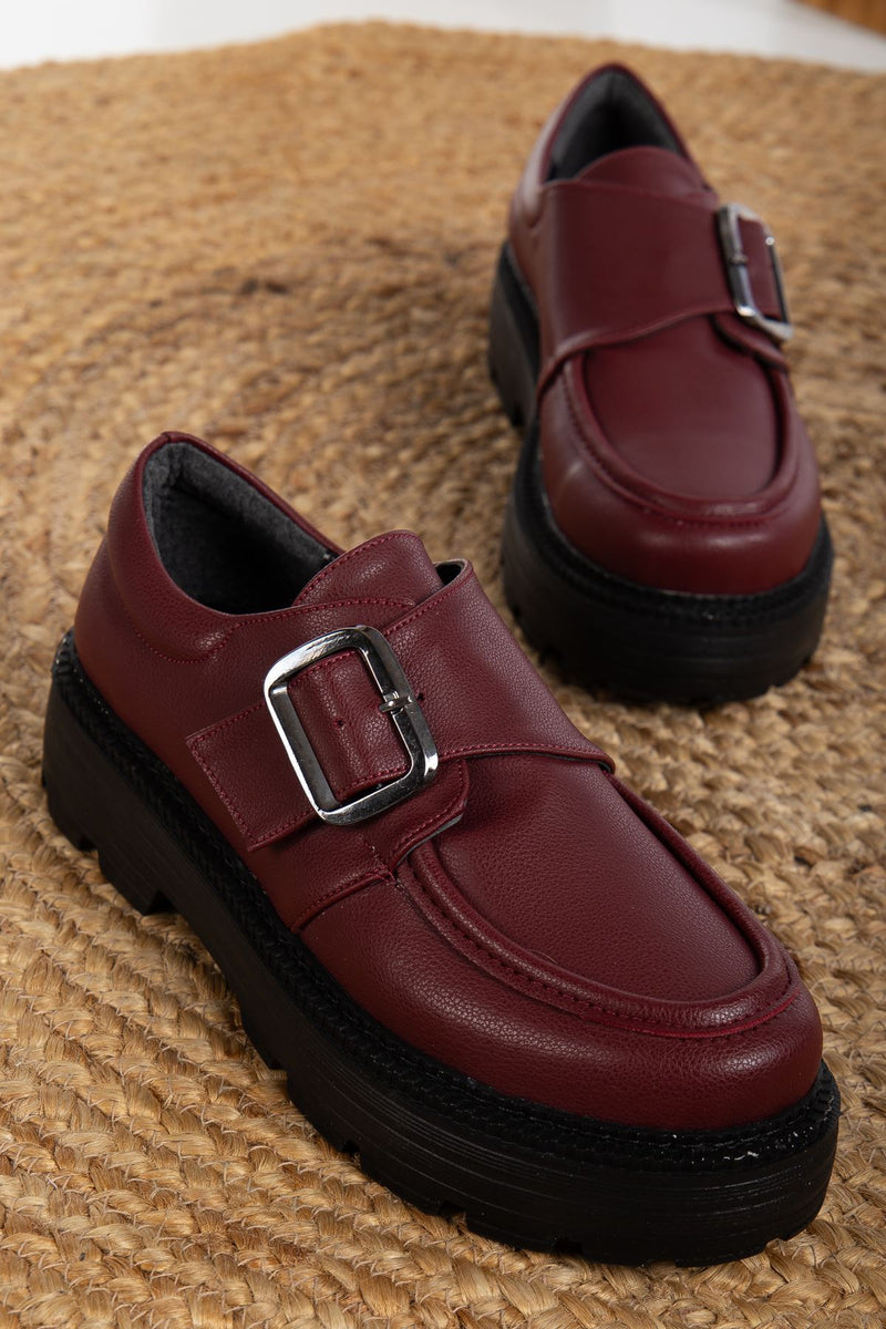 Buckle Detailed Burgundy Skin Women's Stylish Casual Shoes - STREETMODE™