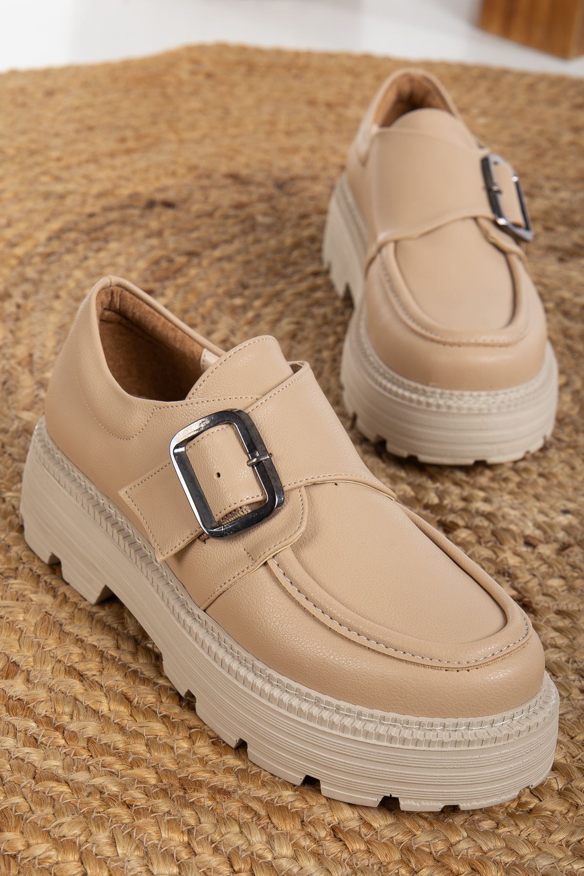 Buckle Detailed Nude Skin Women's Stylish Casual Shoes - STREETMODE™