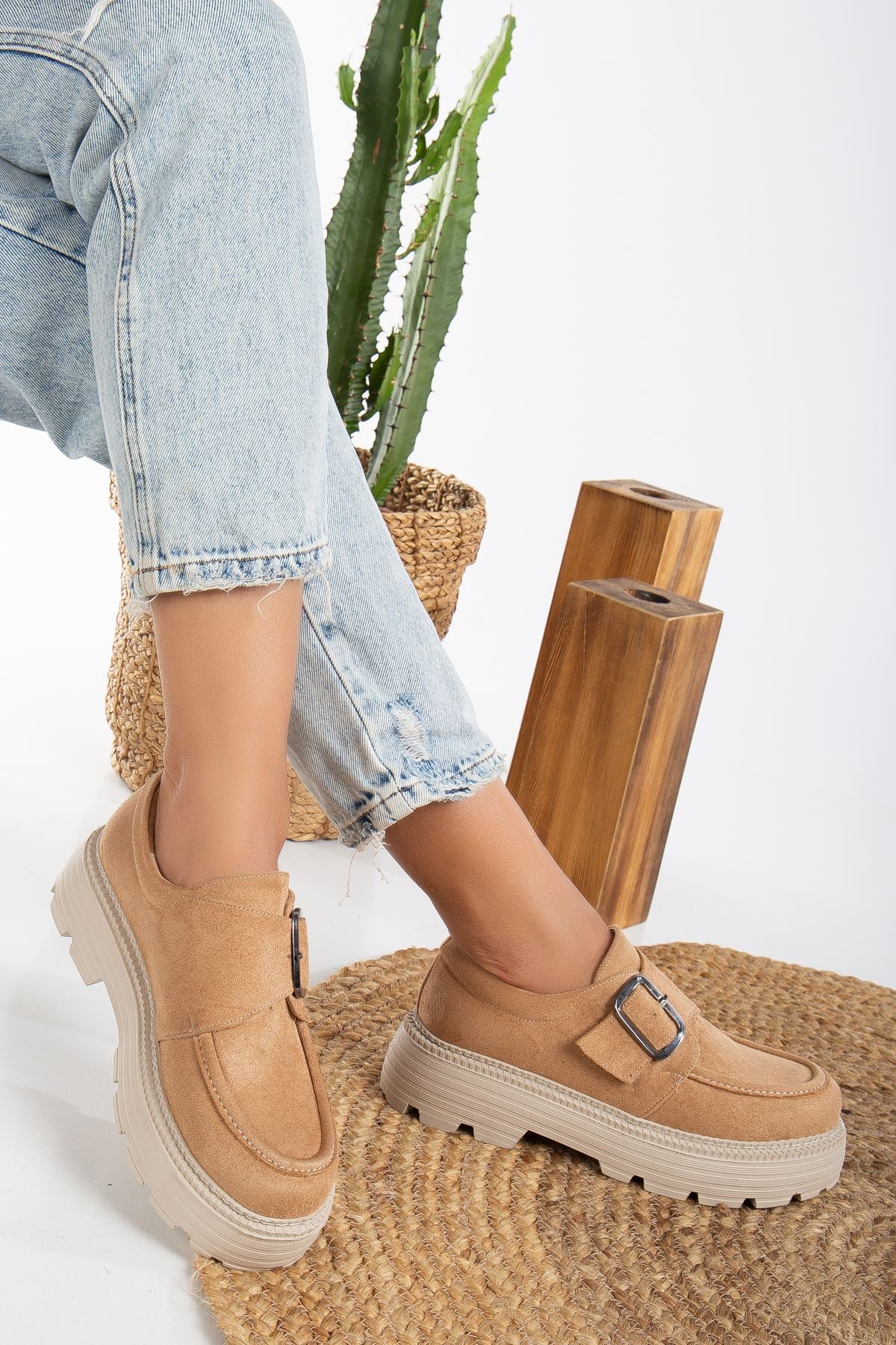 Buckle Detailed Nude Suede Women's Stylish Casual Shoes - STREETMODE™