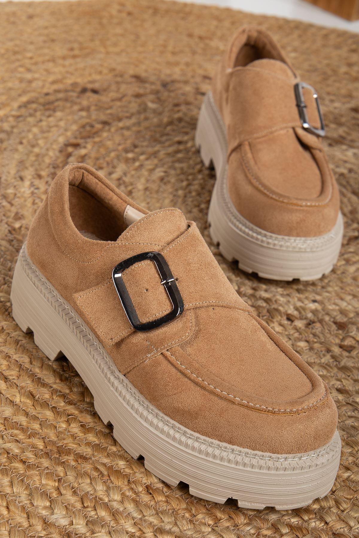 Buckle Detailed Nude Suede Women's Stylish Casual Shoes - STREETMODE™