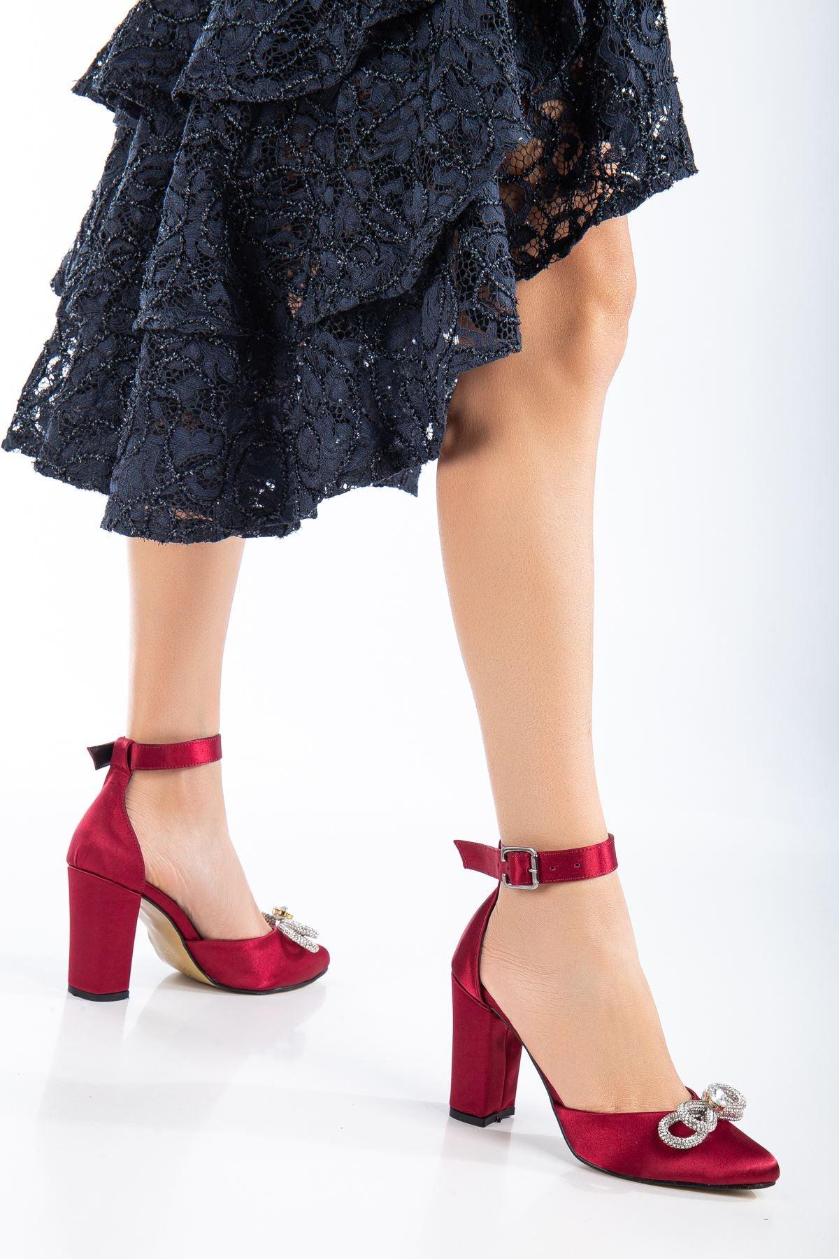 Burgundy Satin Stone Detailed Heeled Women's Shoes - STREETMODE™