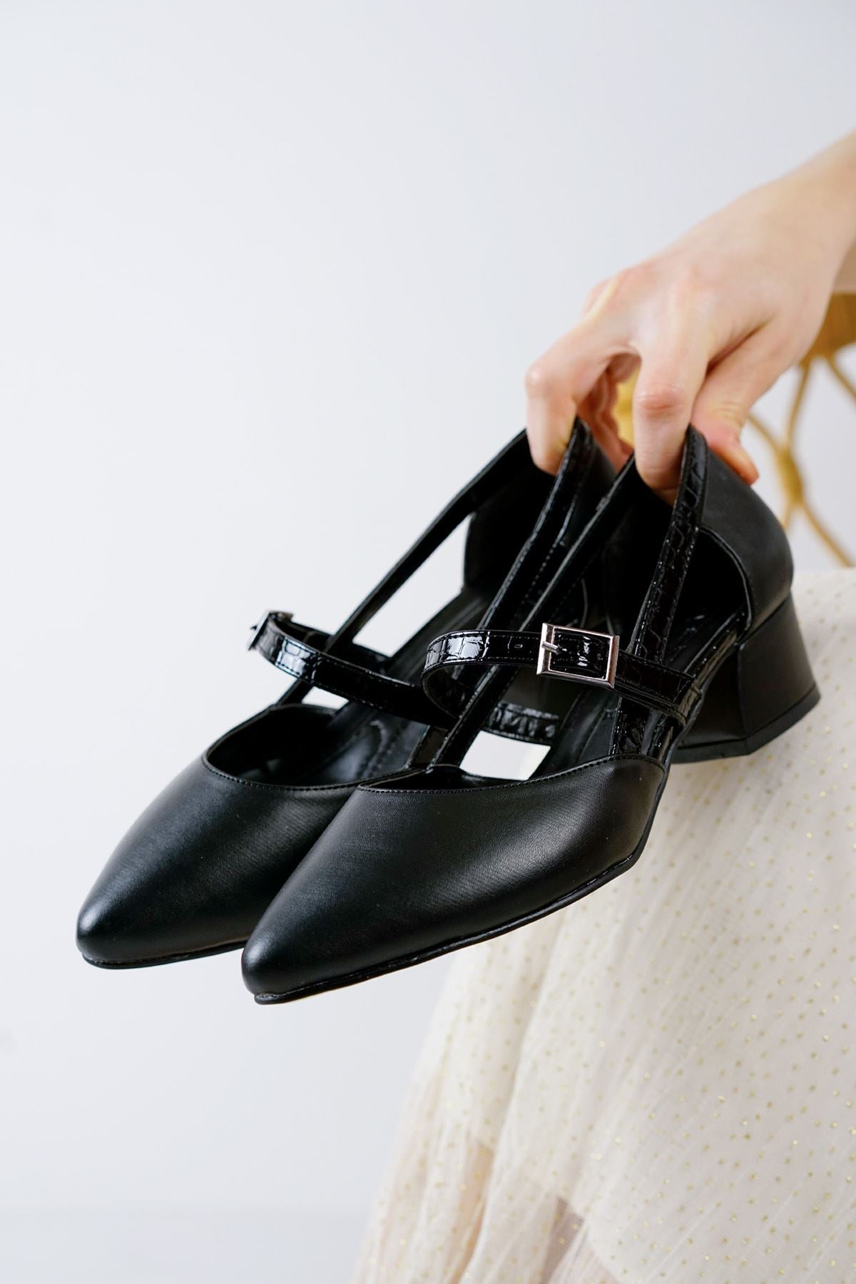 Cedric Black Skin - Crocodile Detailed Low Heel Women's Shoes - STREETMODE™