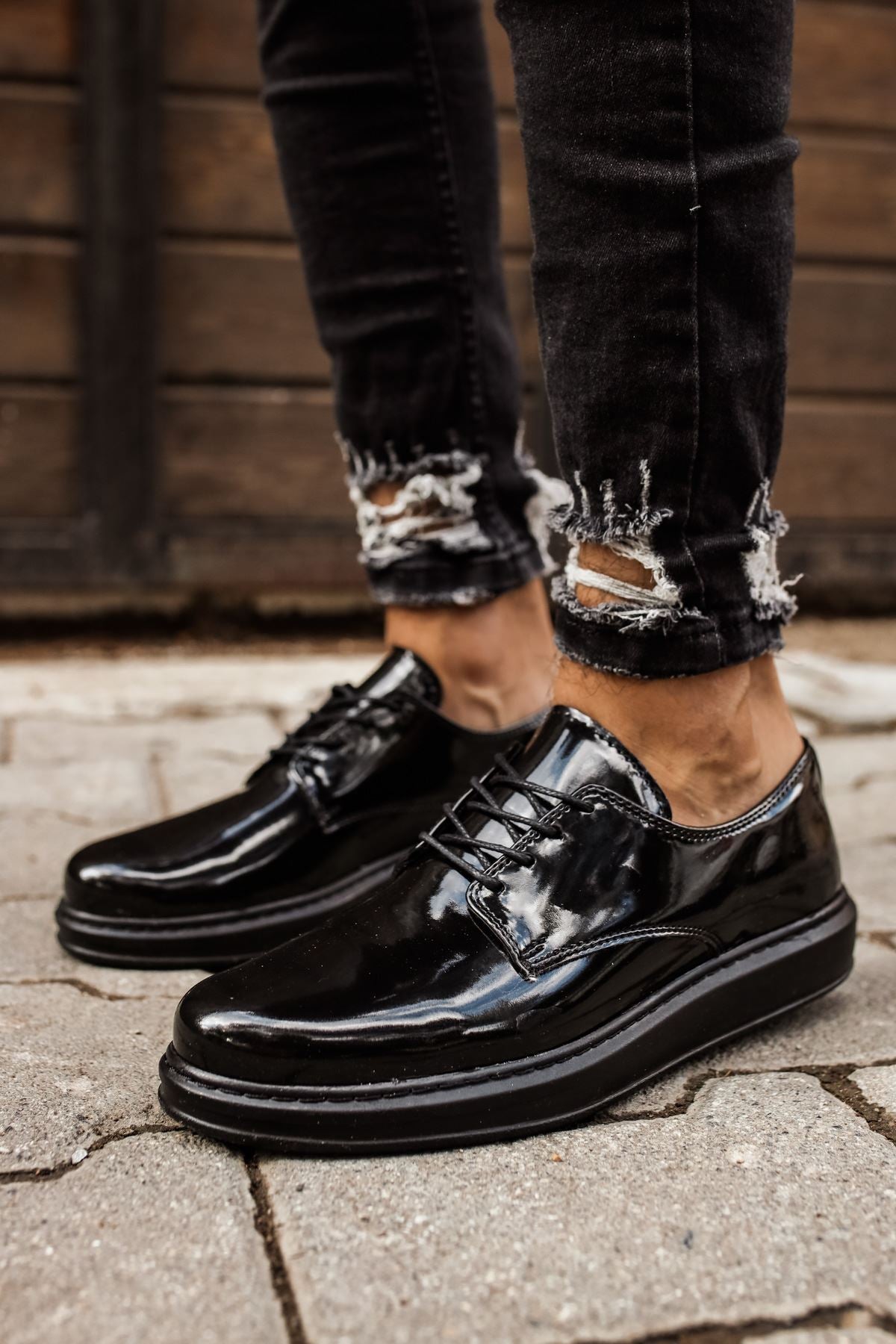 CH003 Men's Full Black Patent Leather Casual Classic Sneaker Shoes - STREETMODE™