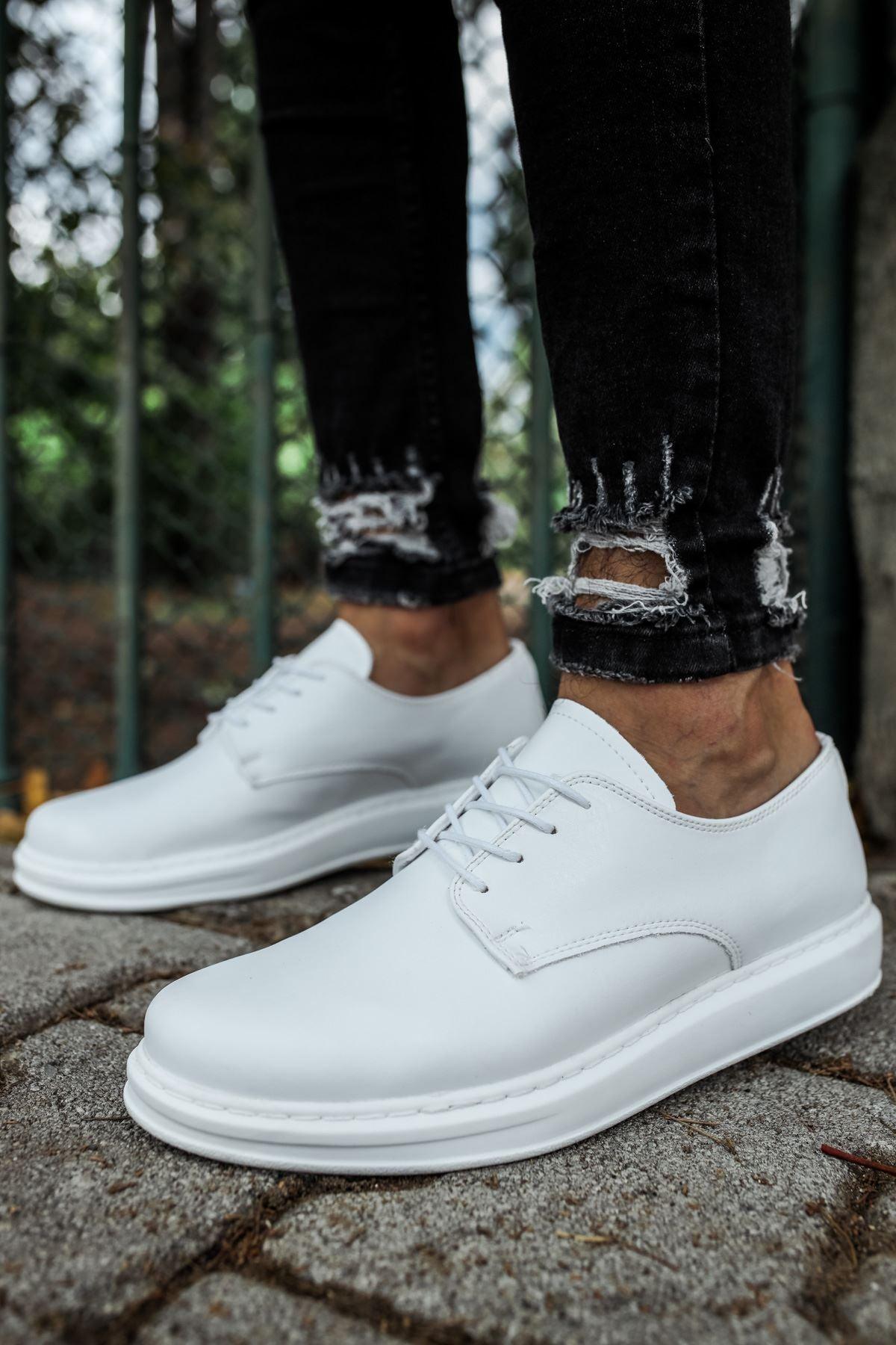 CH003 Men's Full White Matte Leather Casual Classic Sneaker Shoes - STREETMODE™