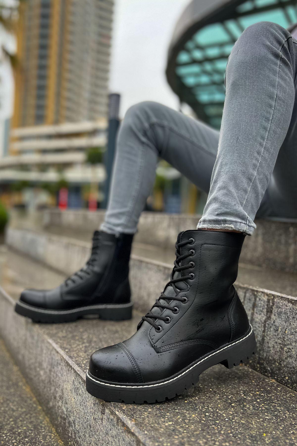 CH009 Men's Leather Black-Black Sole Casual Winter Boots - STREETMODE™