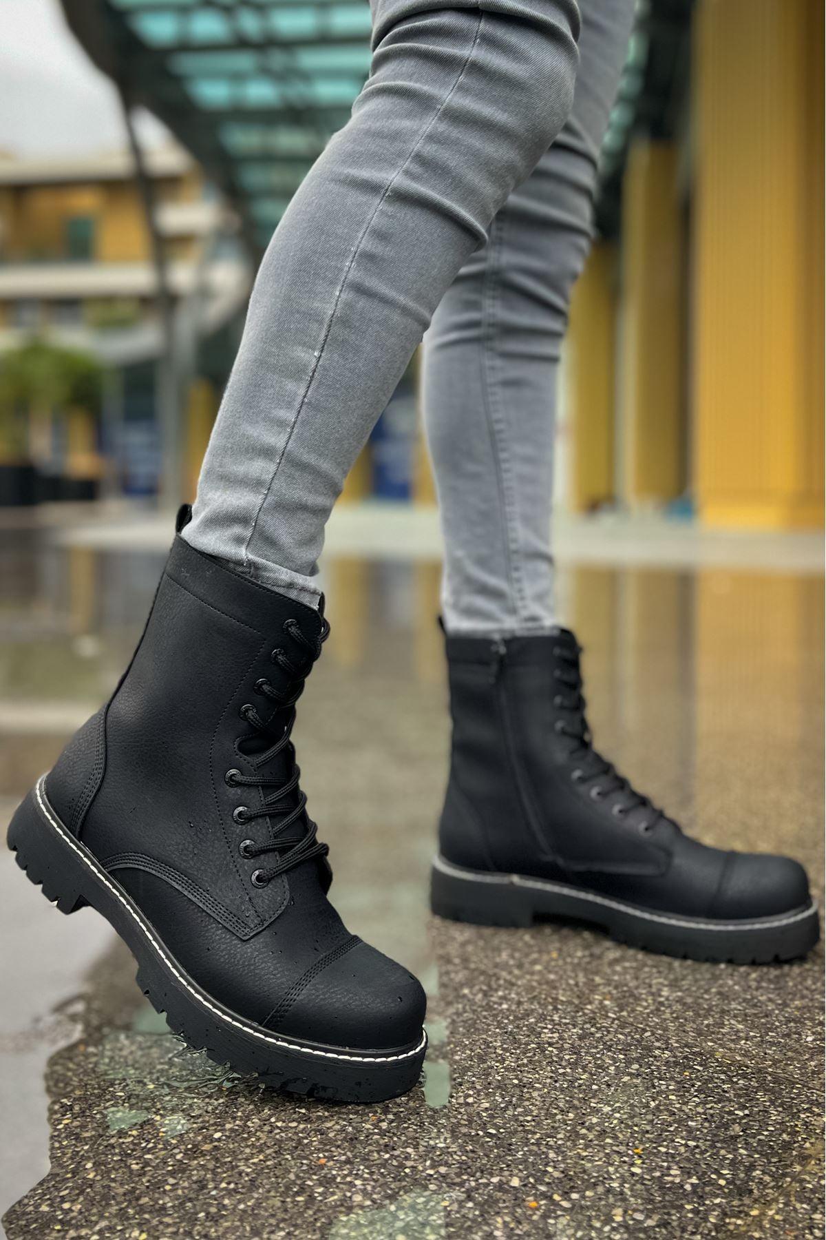 CH009 Men's Leather Black-Black Sole Casual Winter Boots - STREETMODE™