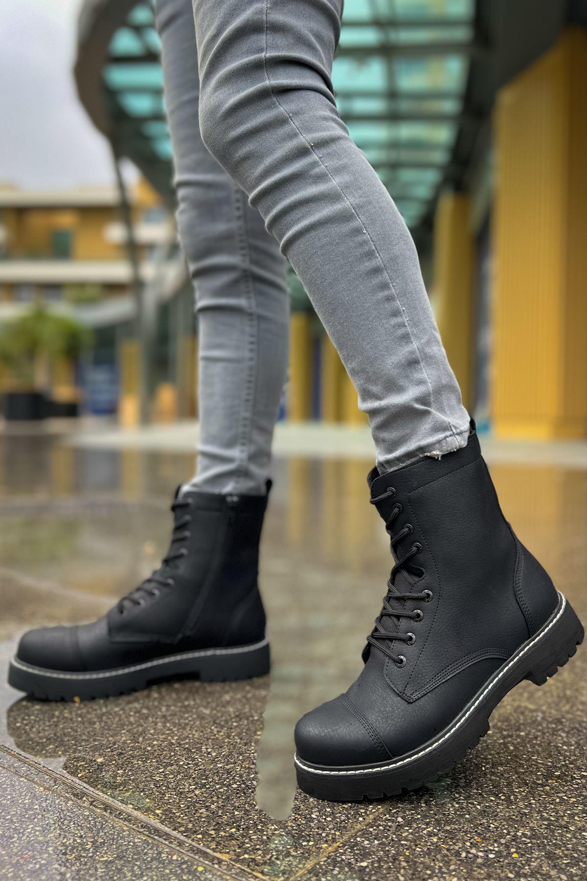 CH009 Men's Leather Black-Black Sole Casual Winter Boots - STREETMODE™