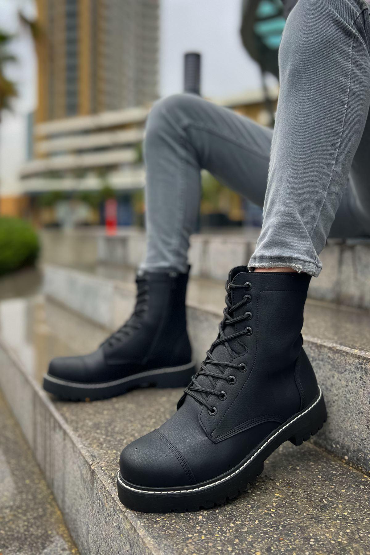 CH009 Men's Leather Black-Black Sole Casual Winter Boots - STREETMODE™