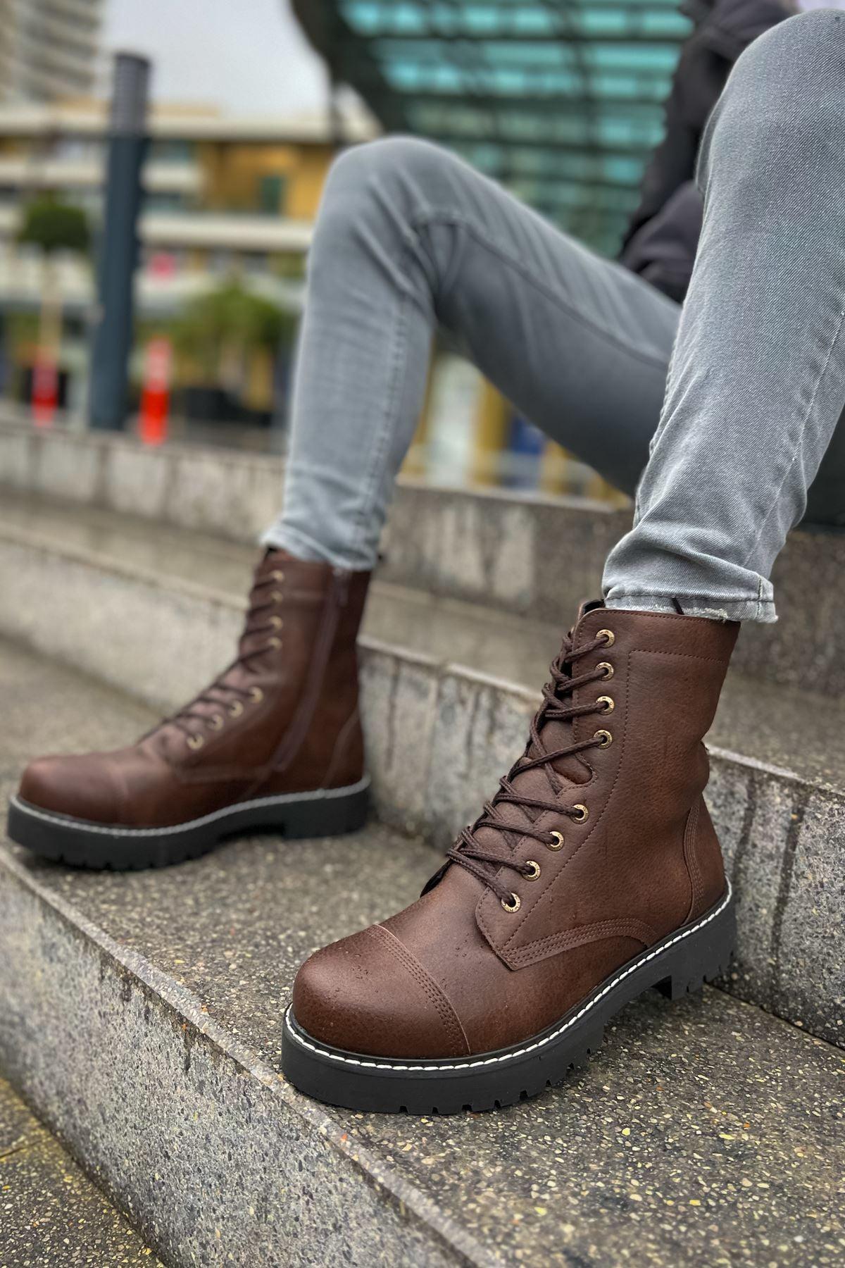 CH009 Men's Leather Dark Brown-Black Sole Casual Winter Boots - STREETMODE™