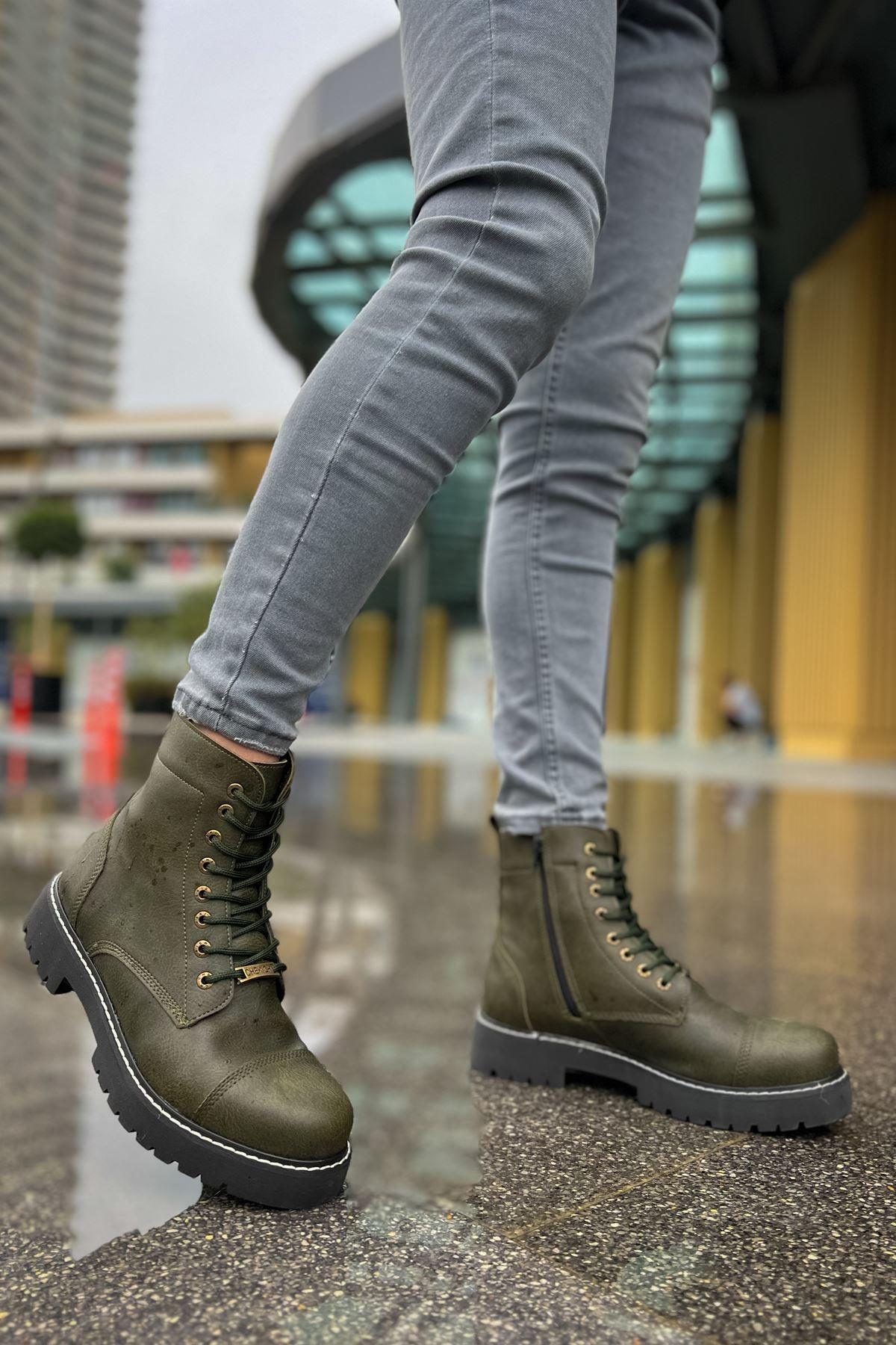 CH009 Men's Leather Khaki-Black Sole Casual Winter Boots - STREETMODE™