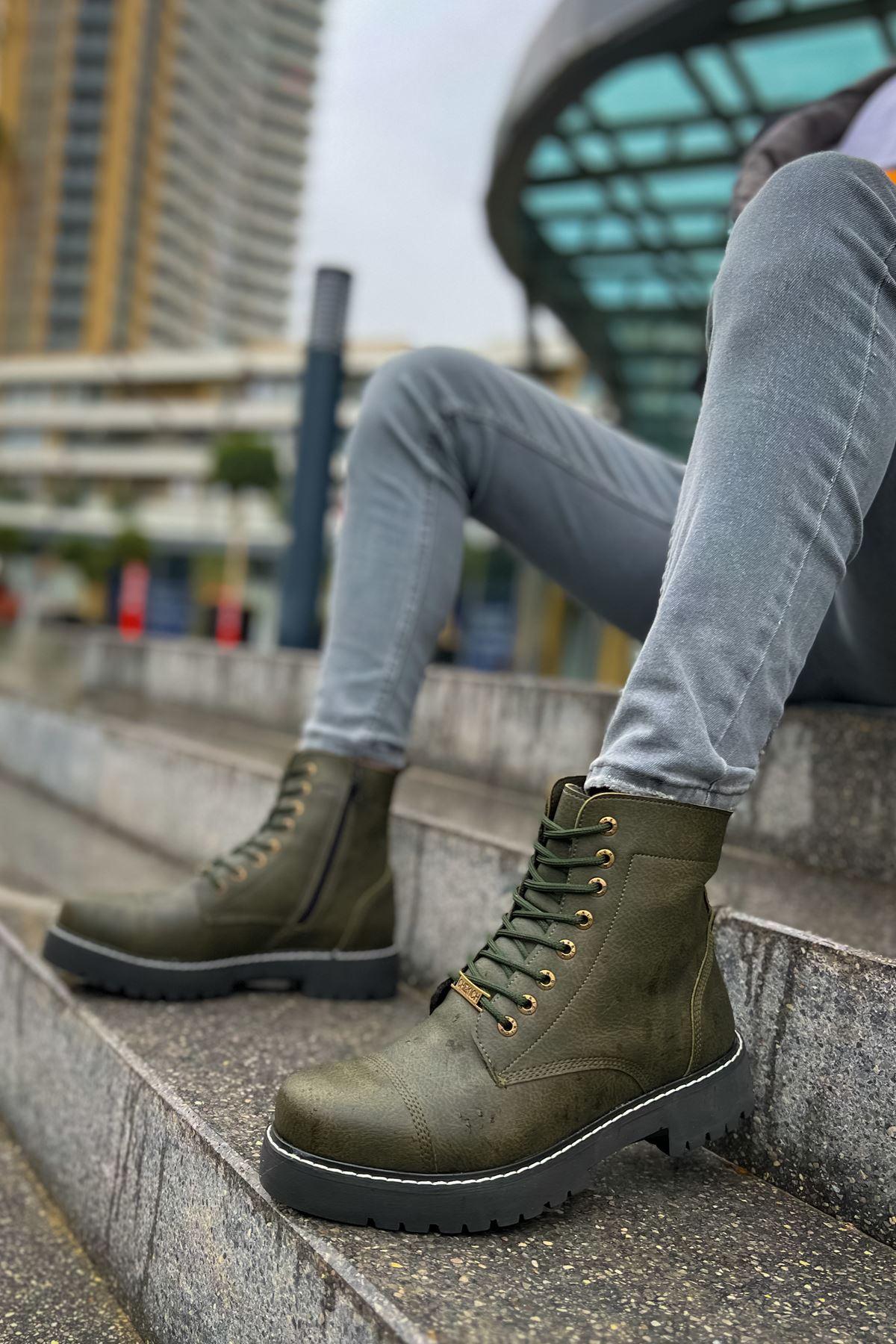 CH009 Men's Leather Khaki-Black Sole Casual Winter Boots - STREETMODE™