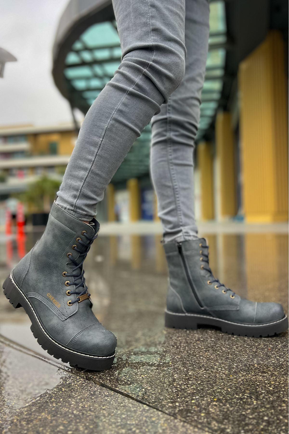 CH009 Men's Leather Navy Blue-Black Sole Casual Winter Boots - STREETMODE™