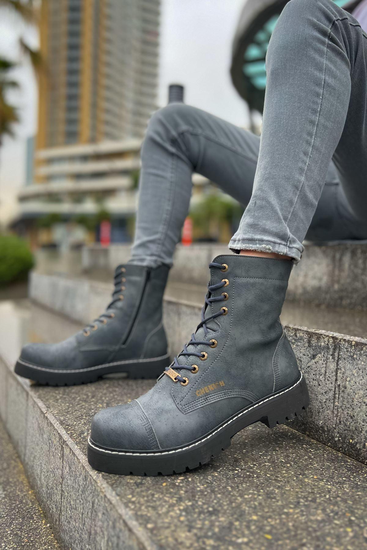 CH009 Men's Leather Navy Blue-Black Sole Casual Winter Boots - STREETMODE™