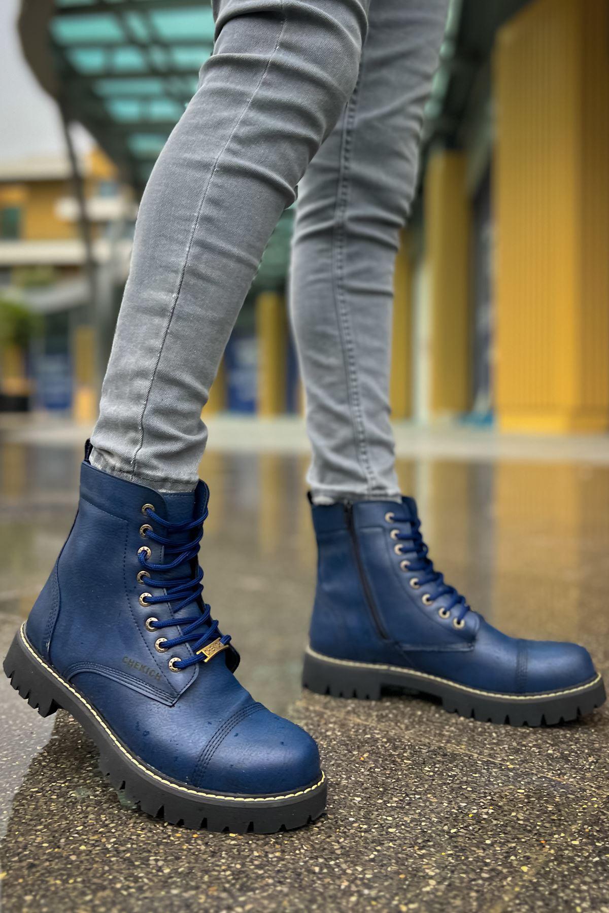 CH009 Men's Leather Navy Blue-Black Sole Casual Winter Boots - STREETMODE™