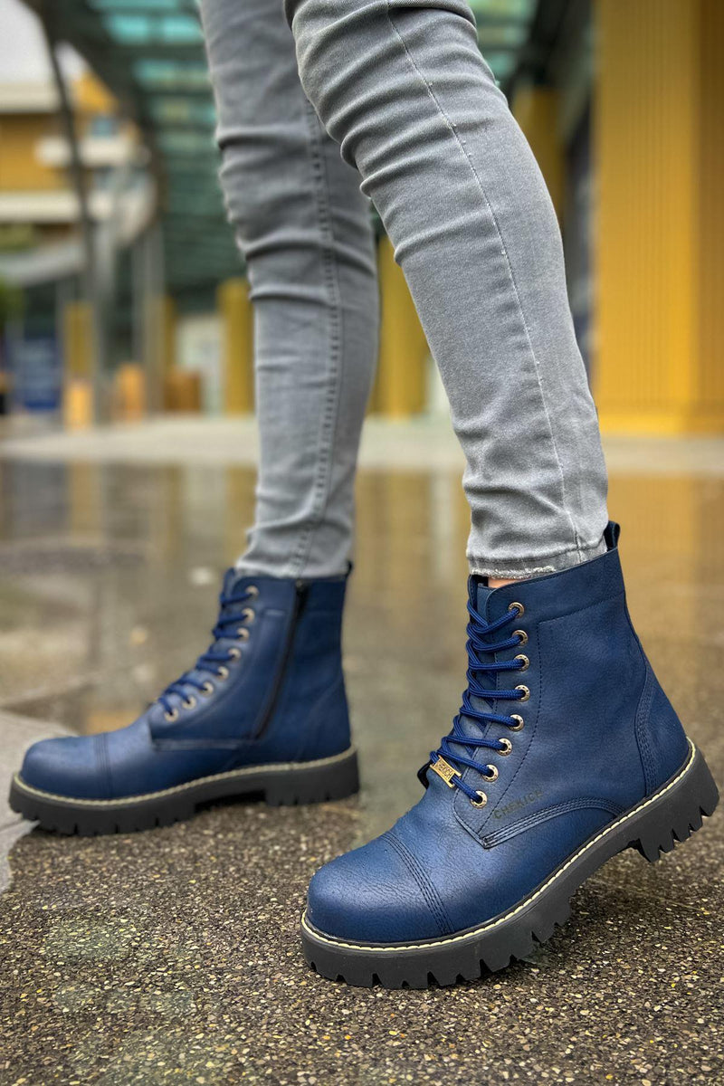 CH009 Men's Leather Navy Blue-Black Sole Casual Winter Boots - STREETMODE™