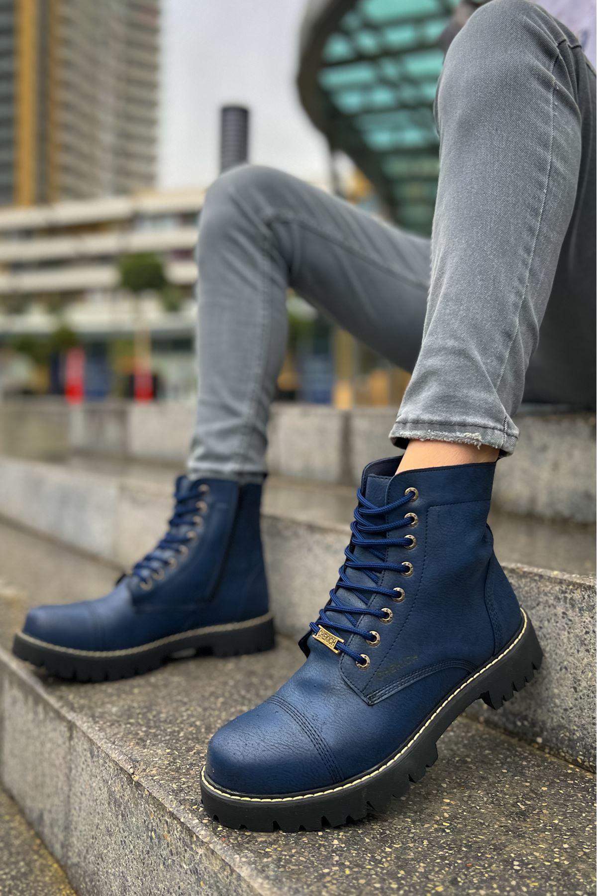 CH009 Men's Leather Navy Blue-Black Sole Casual Winter Boots - STREETMODE™