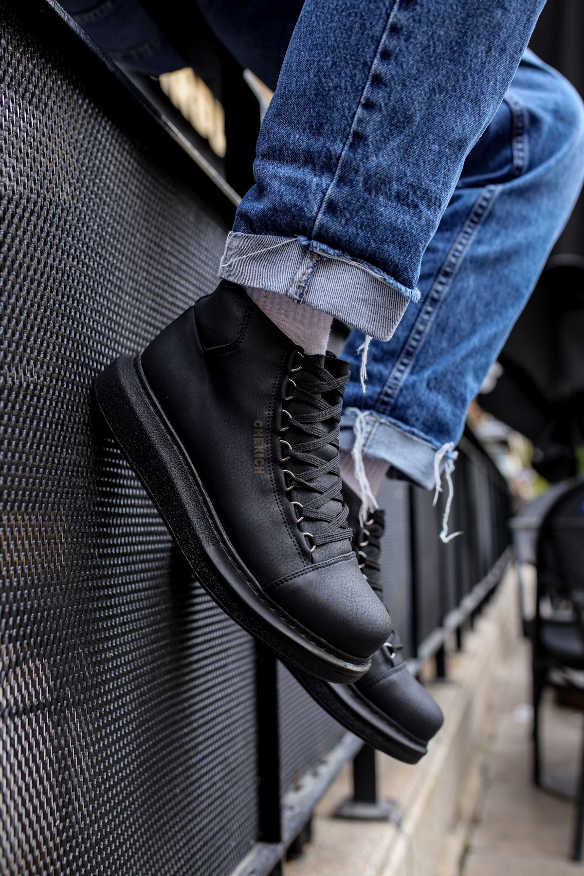 CH258 Men's Black Metal Slug Lace-up High Sole Casual Sneaker Sports Boots - STREETMODE™