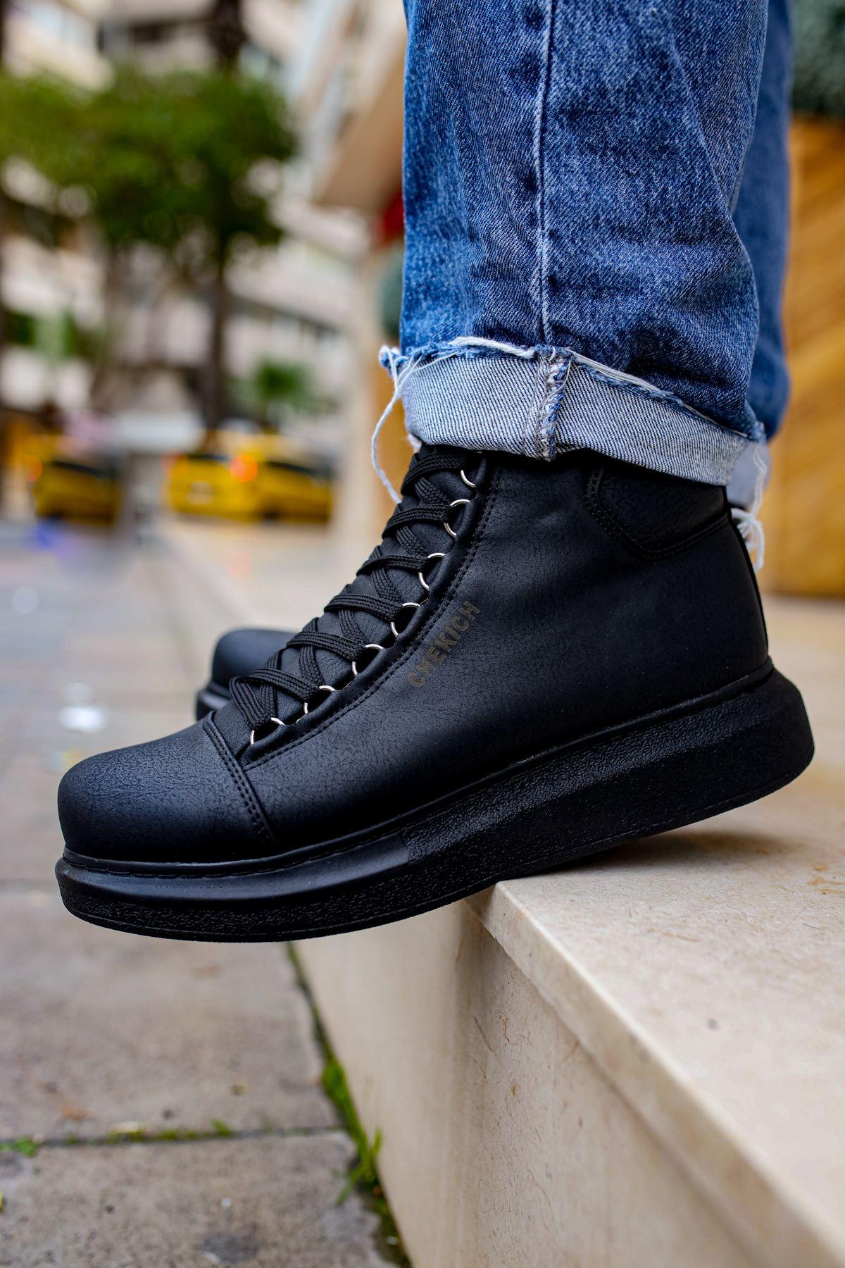 CH258 Men's Black Metal Slug Lace-up High Sole Casual Sneaker Sports Boots - STREETMODE™