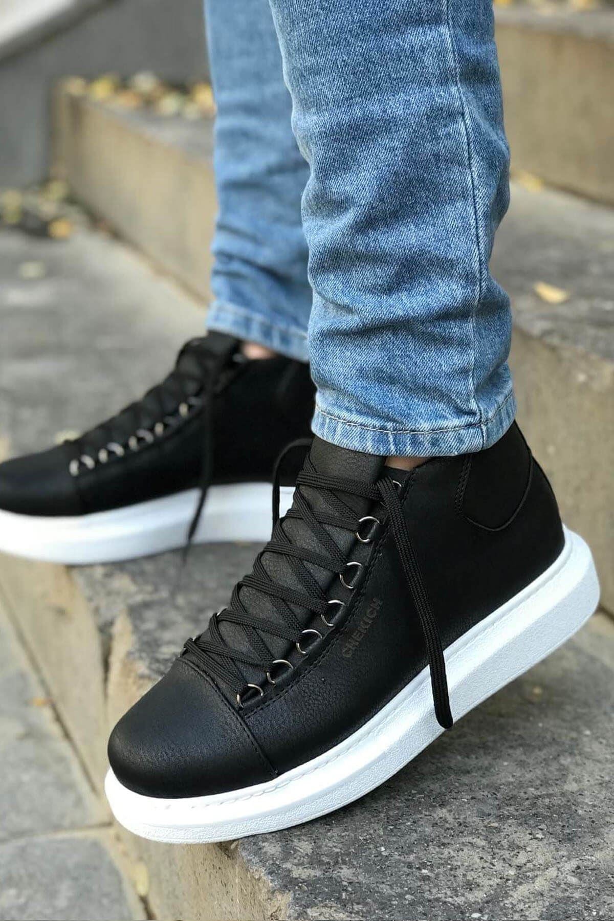 CH258 Men's Black-White Sole Metal Slug Lace-up High Sole Casual Sneaker Sports Boots - STREETMODE™