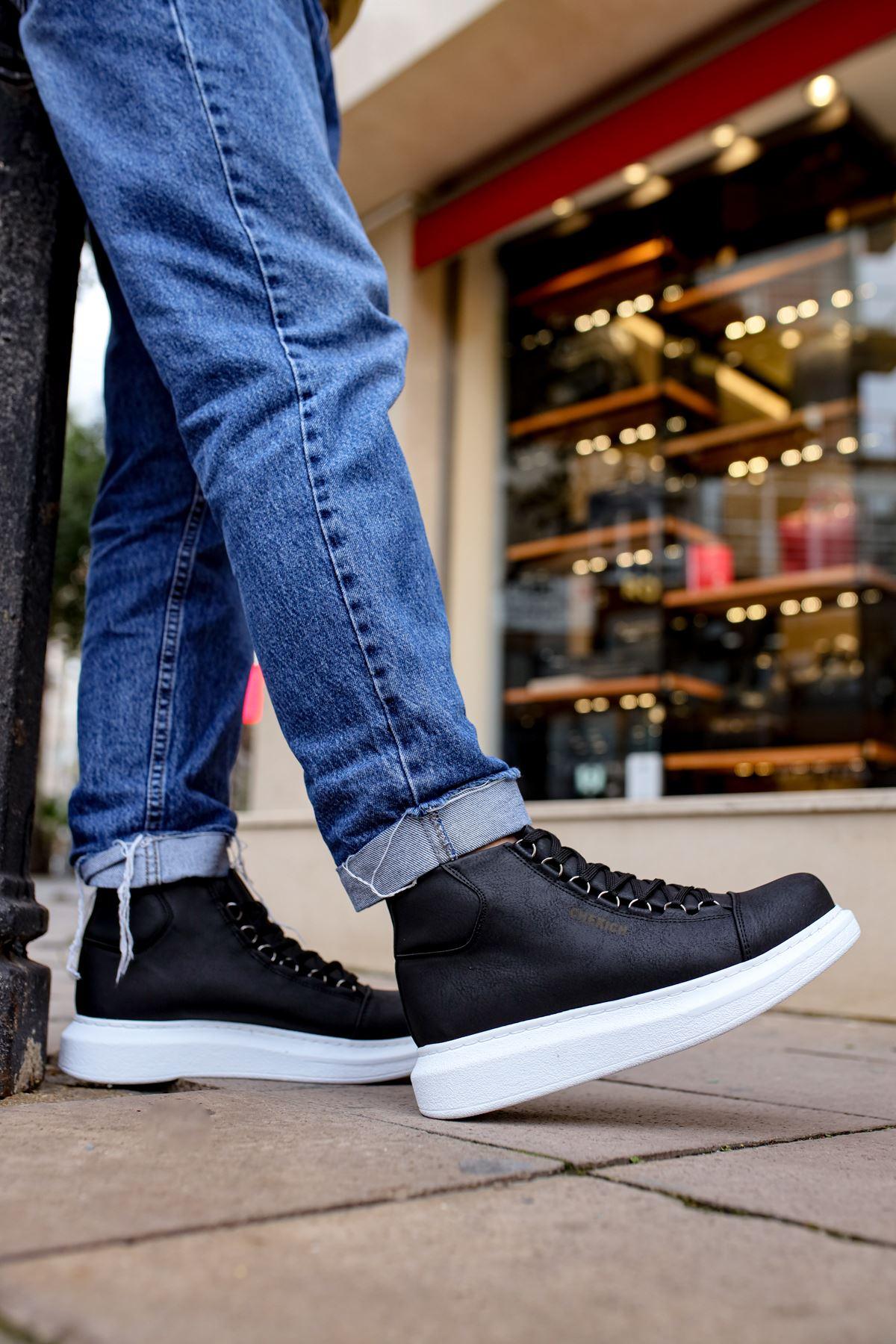 CH258 Men's Black-White Sole Metal Slug Lace-up High Sole Casual Sneaker Sports Boots - STREETMODE™