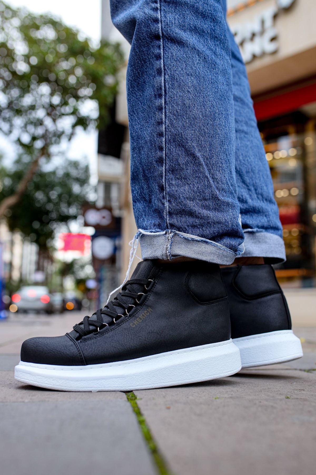 CH258 Men's Black-White Sole Metal Slug Lace-up High Sole Casual Sneaker Sports Boots - STREETMODE™